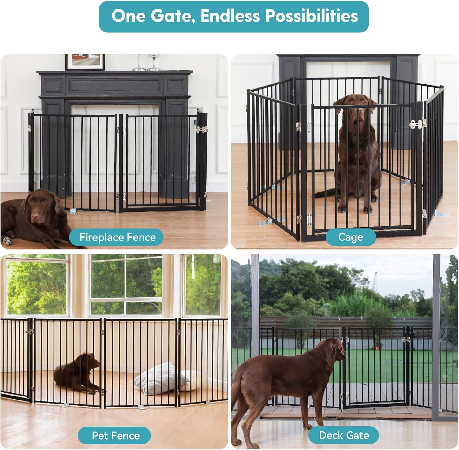 No Pawblems Free Standing Dog Gate with Door, 30'' Tall Foldable Dog Fence for Indoor & Outdoor, up to 104 Inch Extra Wide Puppy Gate for Stairs, Hallways, Doorways, Deck, Yard (Black, 4 Panels) - White image number 6