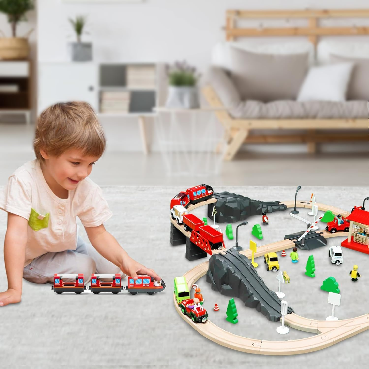 TOPLIVING Battery Operated Wooden Train Rail Set Toys for Toddlers Age 3 to 4 Years Boys Kids Magnetic Couplings City Vehicle with Figures image number 6