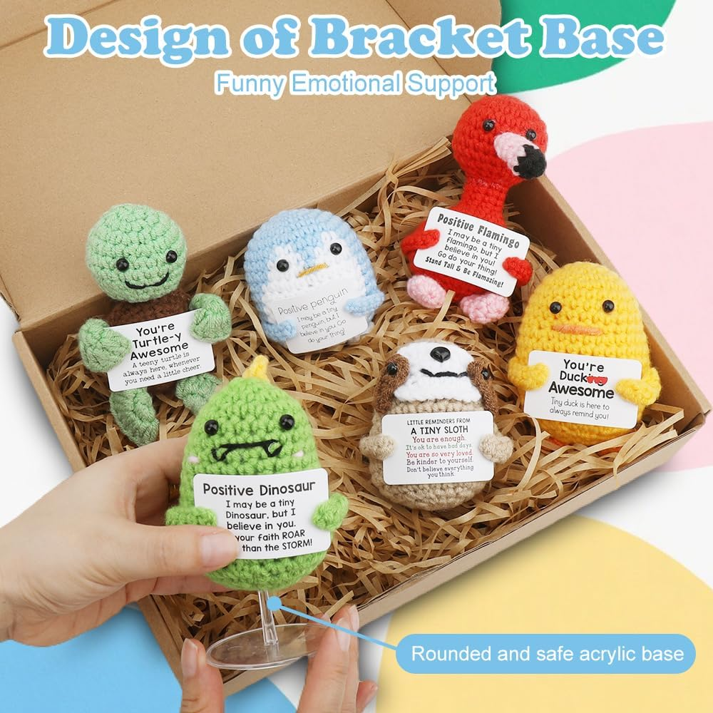Fayrvind 6 Pcs Emotional Support Positive Crochet Animal Doll Cute Stuff Desk Accessories Birthday Gifts for Women Thank You Gift (Turtle, Duck, Dinosaur, Sloth, Flamingo, Penguin)