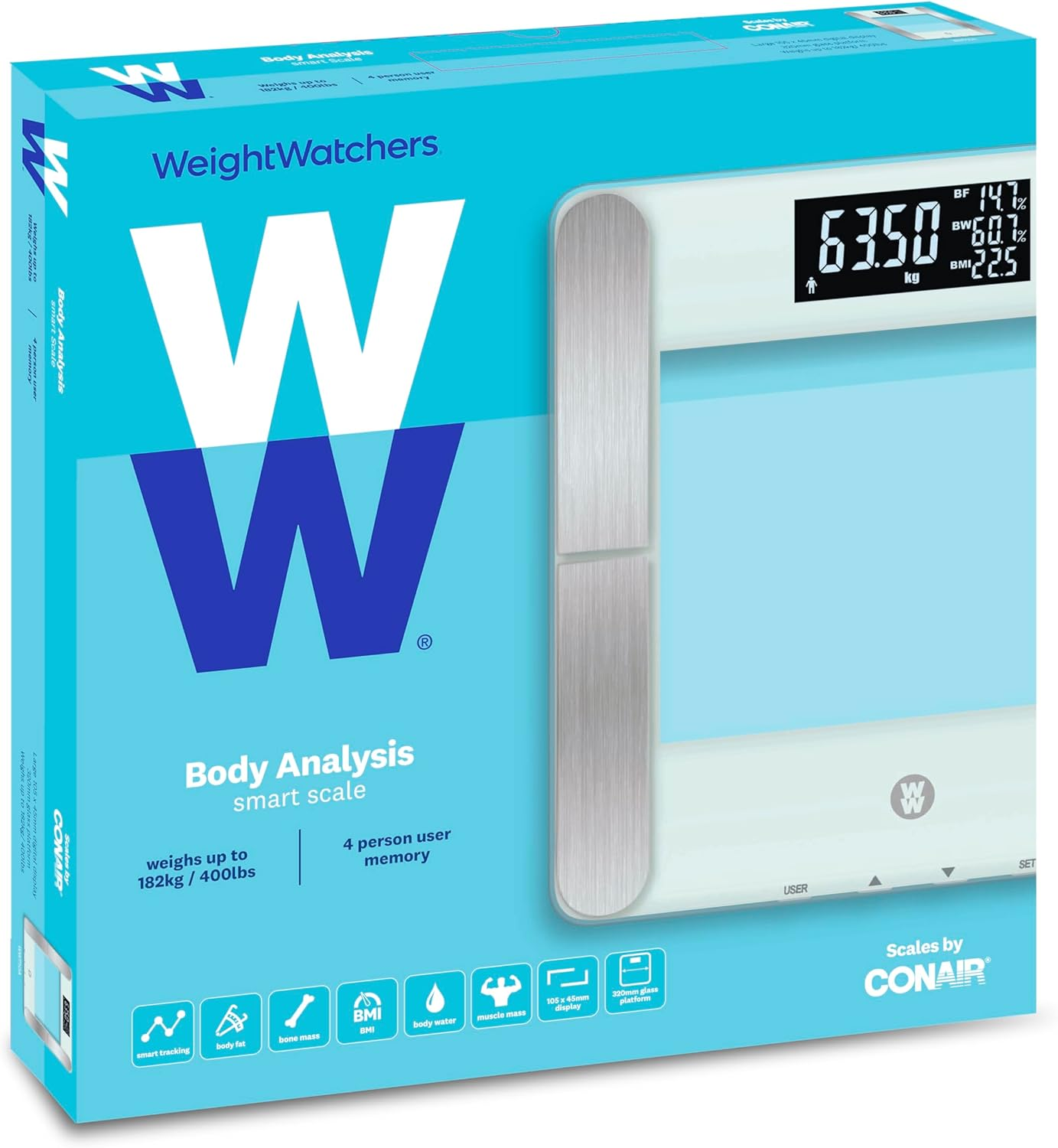 WW Body Analysis Smart Scale &ndash; Measures Weight, Body Fat, Water, Bone & Muscle Mass, BMI &ndash; 4 User Memory, Advanced Weight Tracking, Large LCD Display, 182Kg/400Lb Capacity, Tempered Glass, 10 Year Warranty image number 1