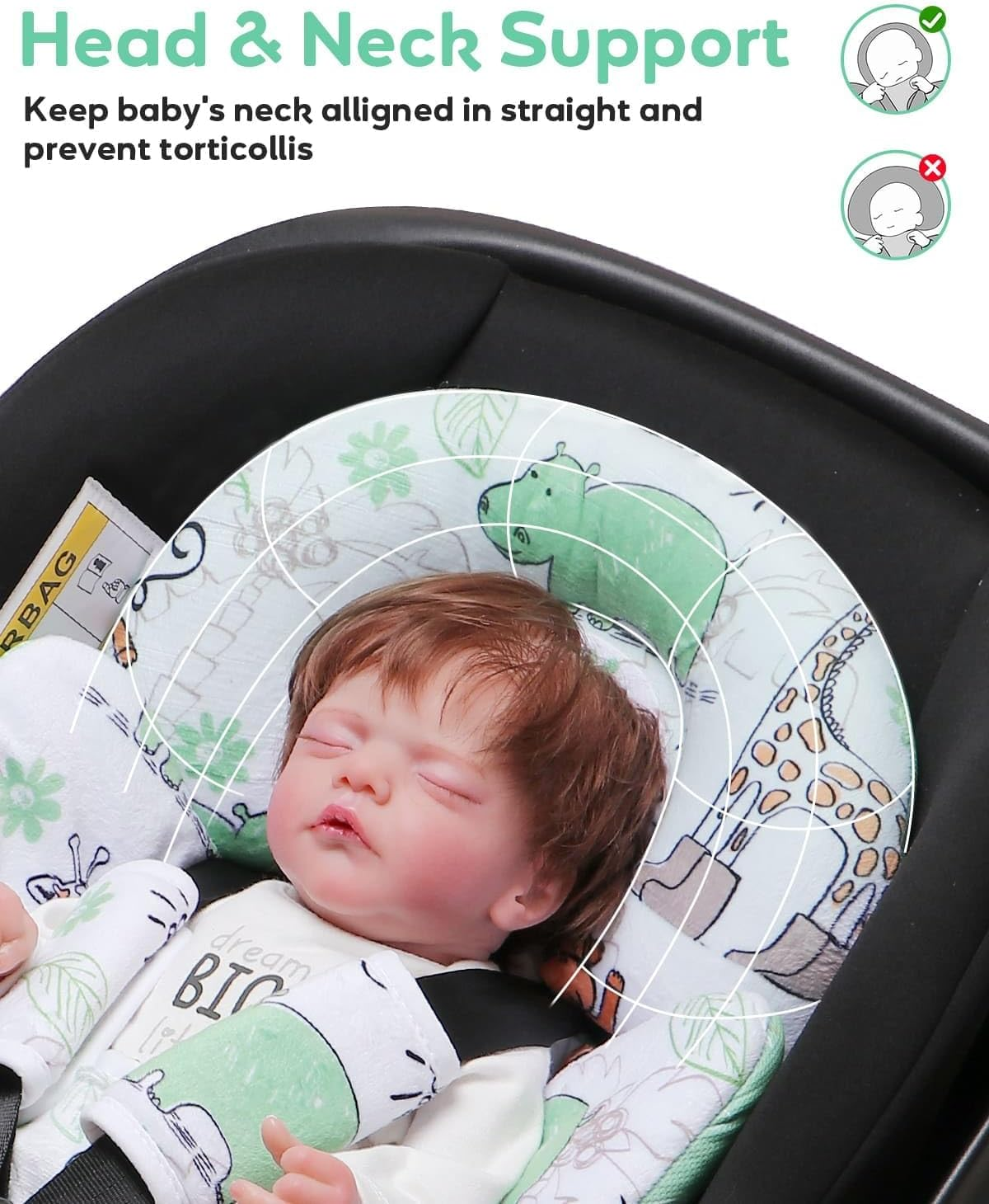 Infant Car Seat Insert, Enlarged Head Support for Baby Carseat, Reversible Newborn Insert with 3 Strap Covers, 2-In-1 Baby Car Seat Cushion for Stroller, Swing, Bouncer, Rocker - Blue Giraffe image number 1