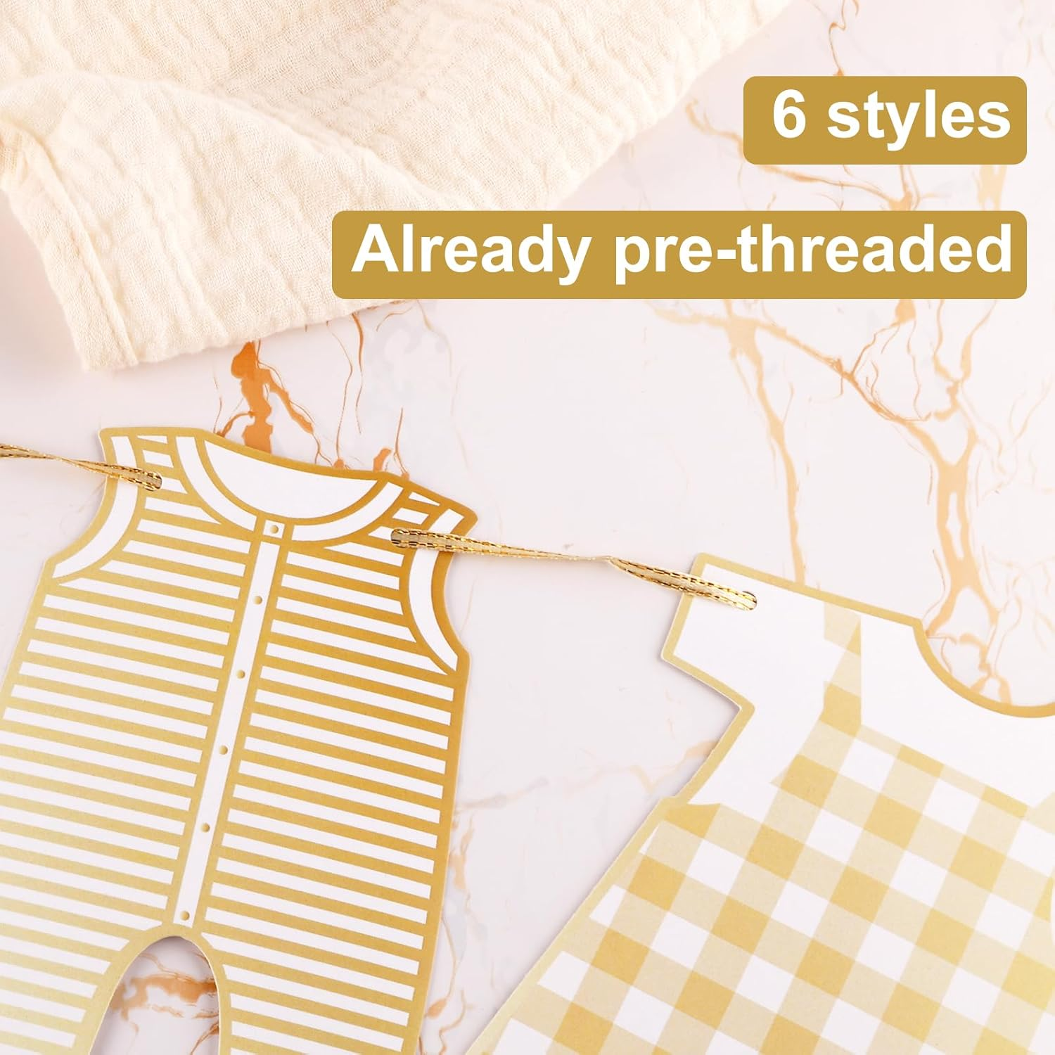2Pcs Neutral Gold Baby Shower Paper Garland, Pre-Assembled Baby Boy Banner Baby Girl Sign Gender Reveal Decorations Various Baby Clothes Banner for Welcome Newborn Party Supplies Photo Props image number 2
