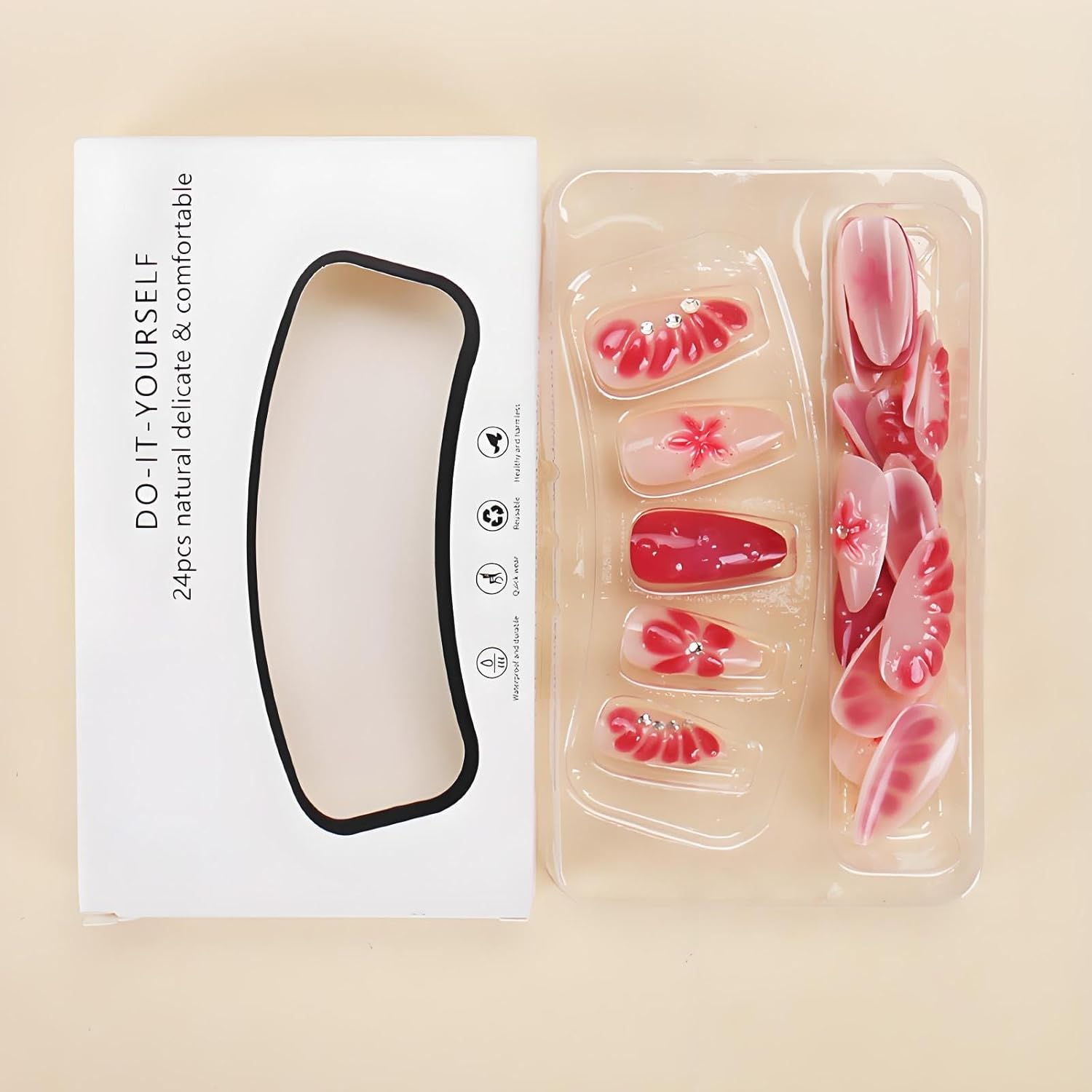 Almond Press on Nails Coffin Shape &ndash; 3D Floral Design with Rhinestones, Long French Tip Acrylic False Nails, Handmade Elegant Fake Nails for Women, Nail Art Accessories