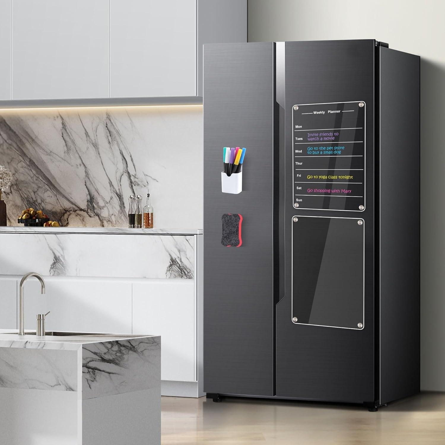 2-Pack Magnetic Fridge Calendar 30X24Cm, Acrylic Calendar Weekly Planner Set with 6 Wet Erase Markers,Magnetic Storage Pouch,And Eraser,Fridge Planner for Home, Office,And Kitchen image number 5