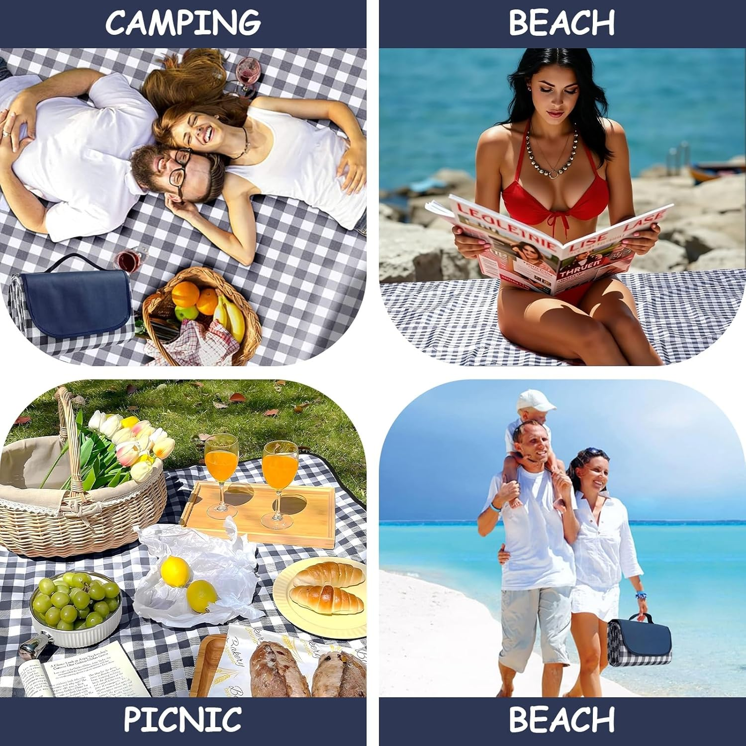 Picnic Blanket, Extra Large 80''X80'' Waterproof Picnic Mat, Outdoor Rug Beach Blanket, Picnic Mat for Beach, Park, Grass, Travel, Hiking, Camping Essentials, Gingham Picnic Rug (Tibetan Blue Grid) image number 2