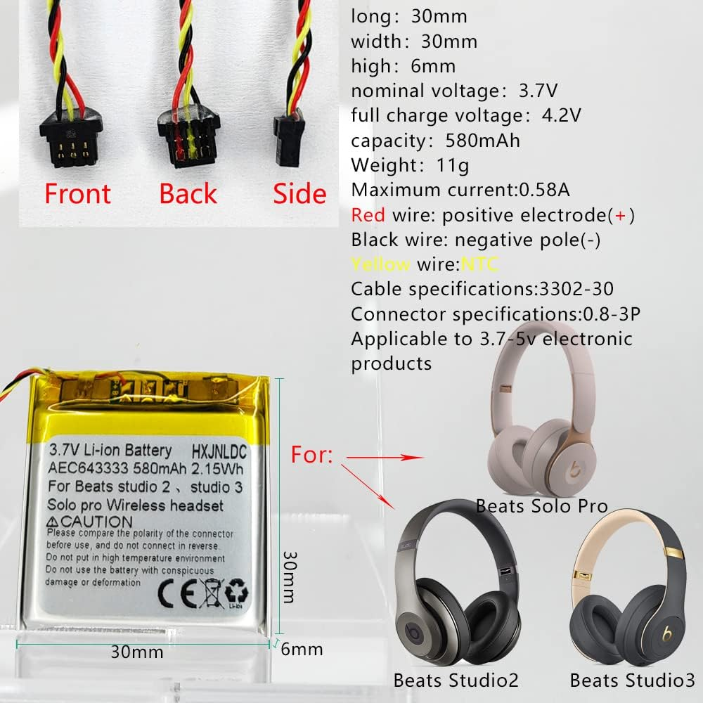 DC 3.7V 580Mah AEC643333 Rechargeable Li-Ion Polymer Battery for Beats Studio 2、Studio 3、Solo Pro Wireless Headset Headphones Battery Replacement image number 4
