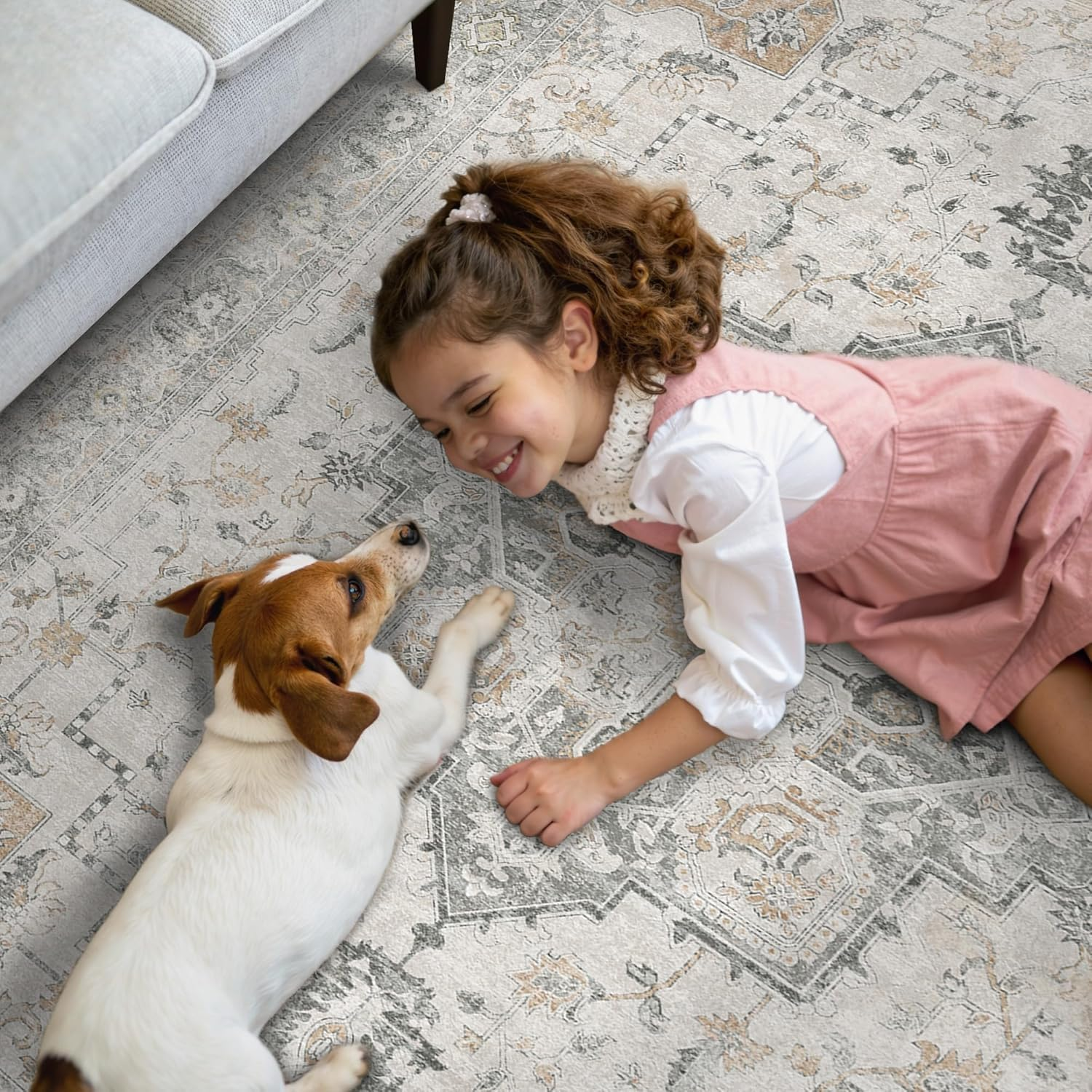 HAOLEYAO 160X200Cm Area Rugs for Living Room, Machine Washable Non Slip Vintage Rugs, Low Pile Lightweight Chenille Print Rug for Bedroom, Dining Room, Home Office (Taupe) image number 3