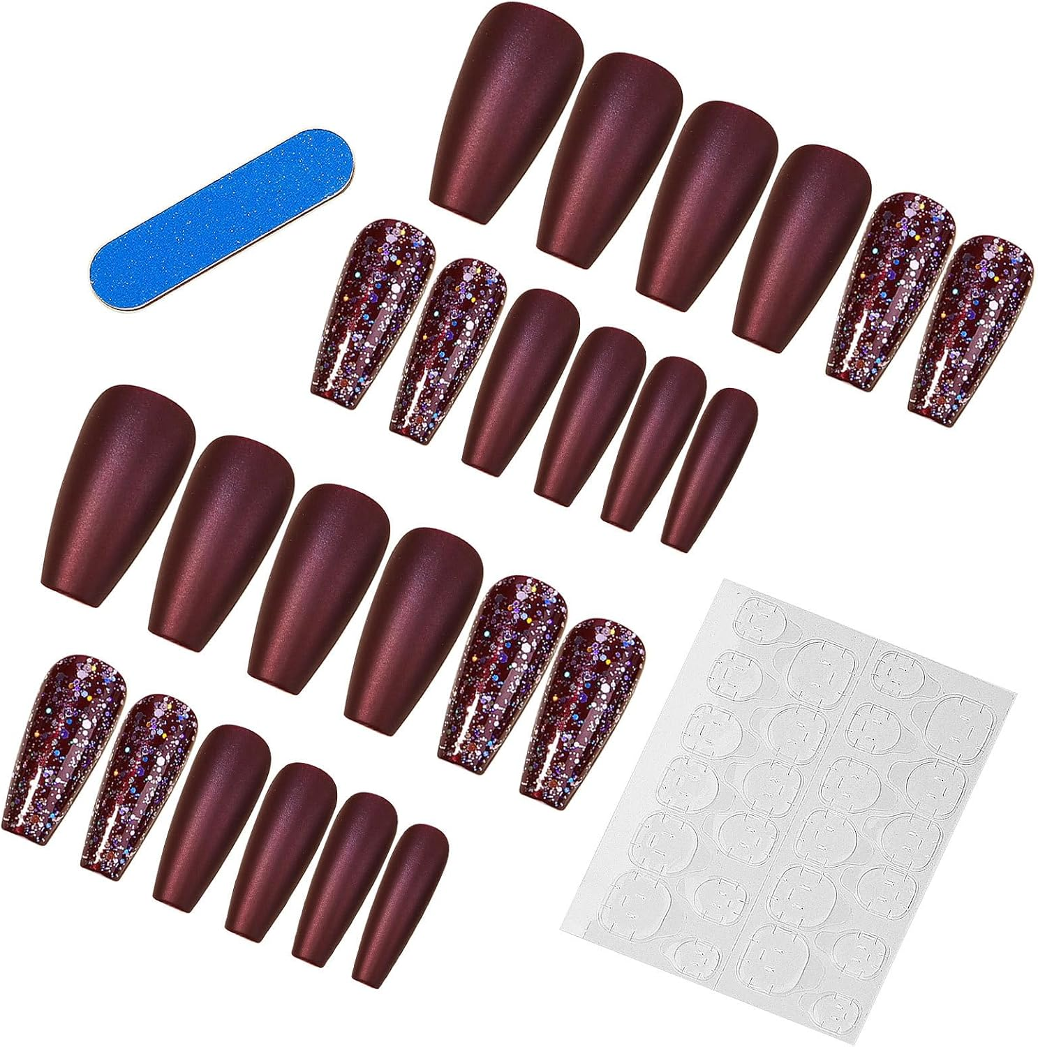 Mouyouglow Press on Nails Medium Length, Ballerina Dark Purple Glitter Fake Nails with Nail Glue, Dark Purple Sparkly Artificial Fingernails image number 5