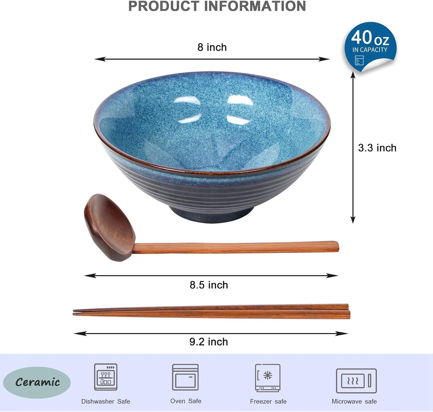 Ceramic Japanese Style Ramen Bowl Set with Chopsticks,8 Inch 40 Oz Pho Bowls & Asian Soup Bowl and Spoons Set for Udon Noodle,Soba,Miso Soup,Set of 2 (Blue) image number 3