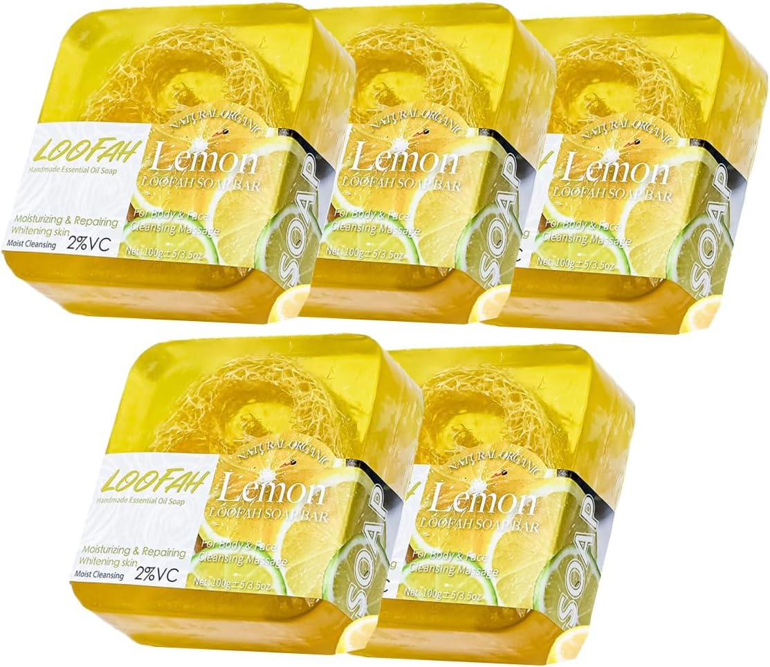 AIMALL 5PCS Loofah Soap Bars with Lavender Essential Oil &ndash; Exfoliating Handmade Glycerin Face & Body Cleansing Bars for Acne, Oil Control & Smooth Skin, 6.5X6.5X2Cm Each