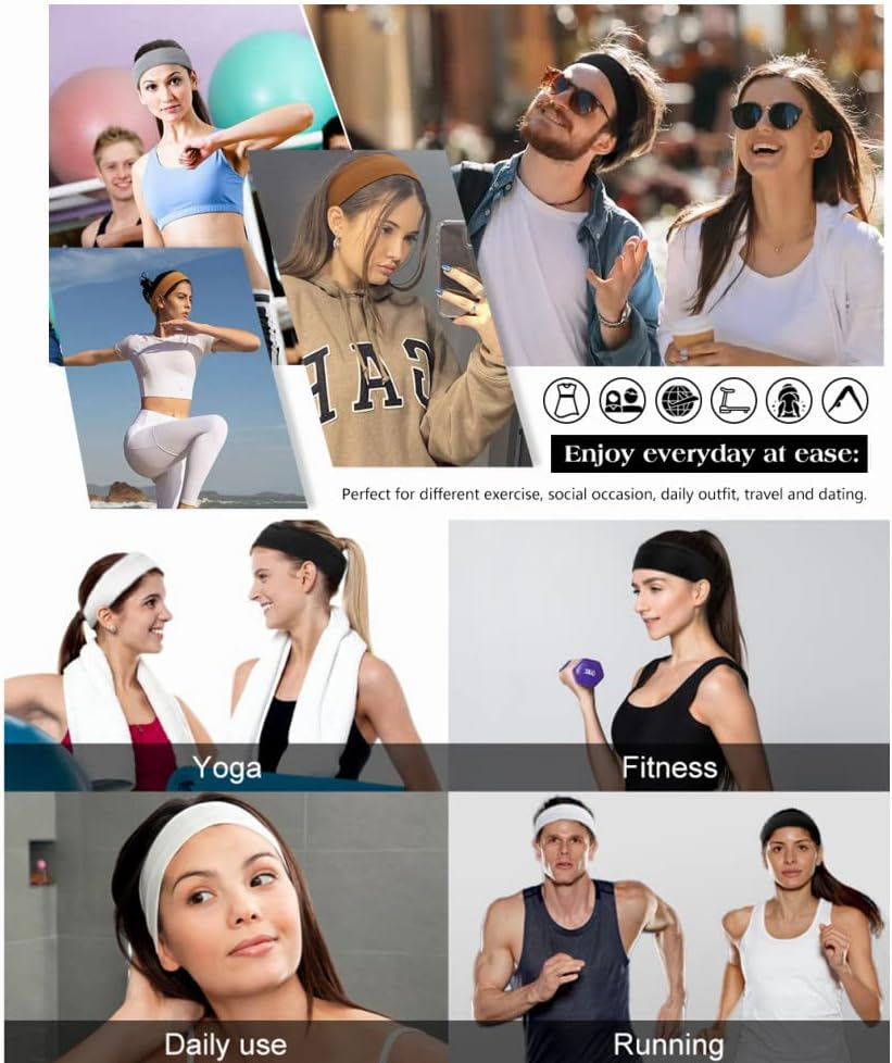 Headbands for Women,6Pcs Elastic Sweat Yoga Hairbands,Non Slip Fashion Ladies Turban Headband, Solid Color Sports Running Hairbands image number 5