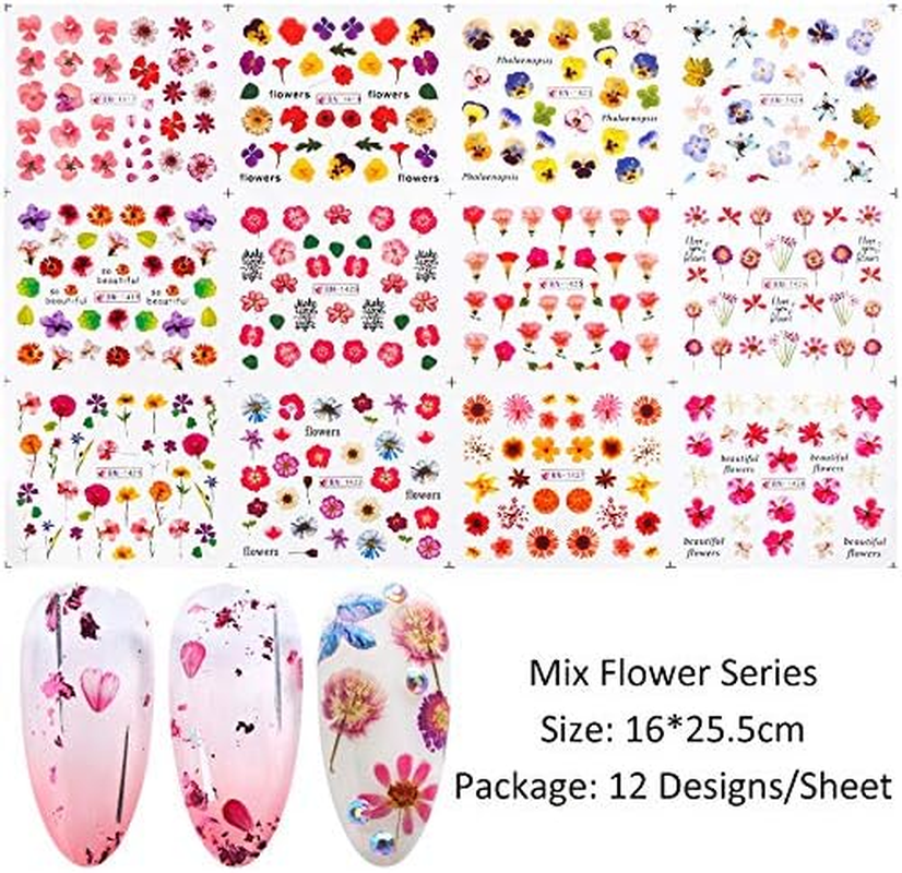12 Designs Flower Pattern Nail Art Stickers Colorful Floral Nail Decals Manicure Decorations 16X25.5Cm Zhengpingpai