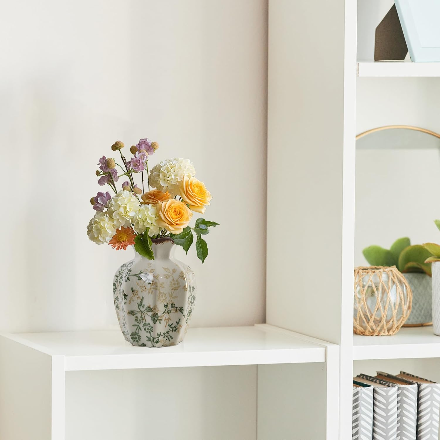 Vintage Ceramic Vase, Small Green and Beige Retro Ceramic Flower Vases, Chinoiserie Vase for Home Decor, Kitchen, Living Room, Bedroom and Shelf image number 3