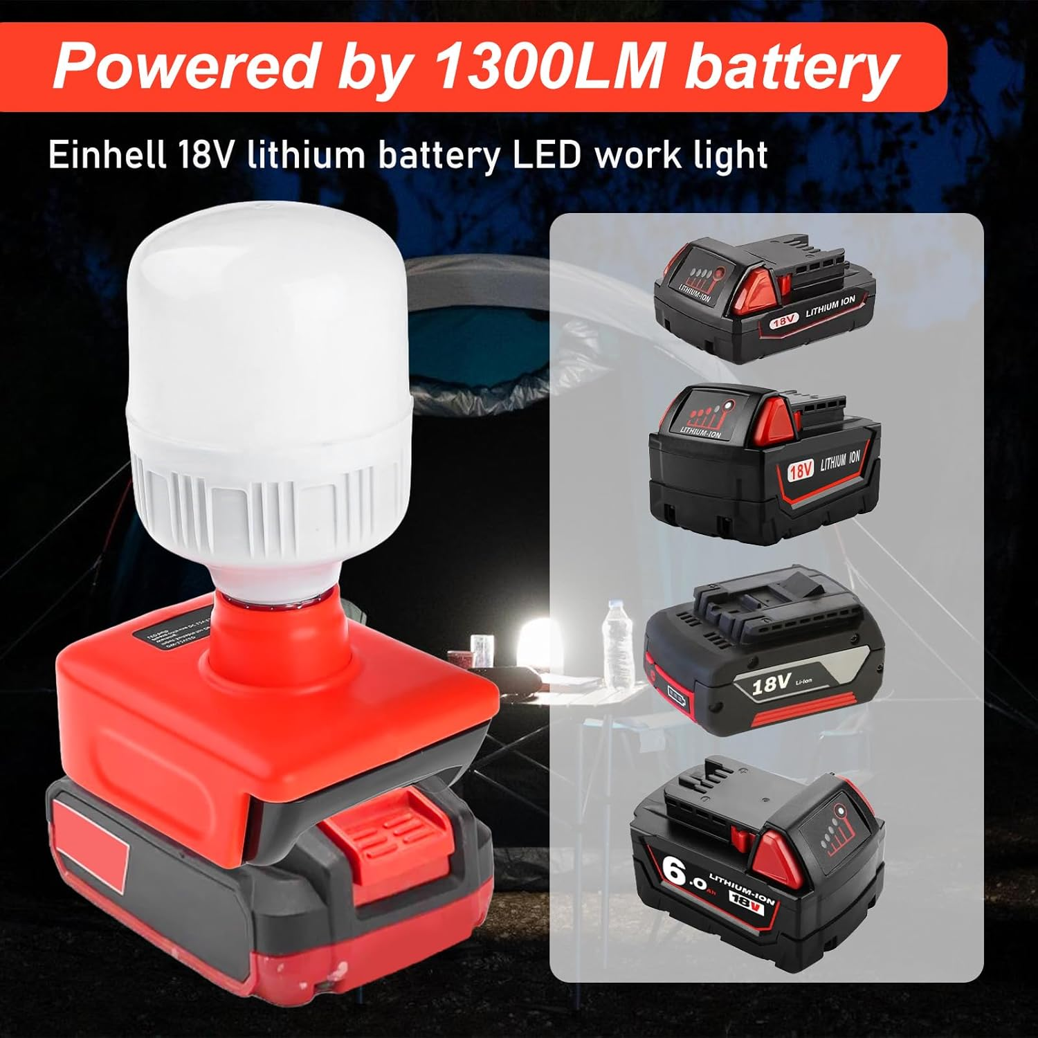 Battery Lamp for Einhell 18 V Battery, 12 W LED Work Light with E27 Bulbs Adjustable Brightness 150-1300LM Spotlight, Wireless Work Spotlight for Construction Sites and Outdoor Camping Emergency image number 4