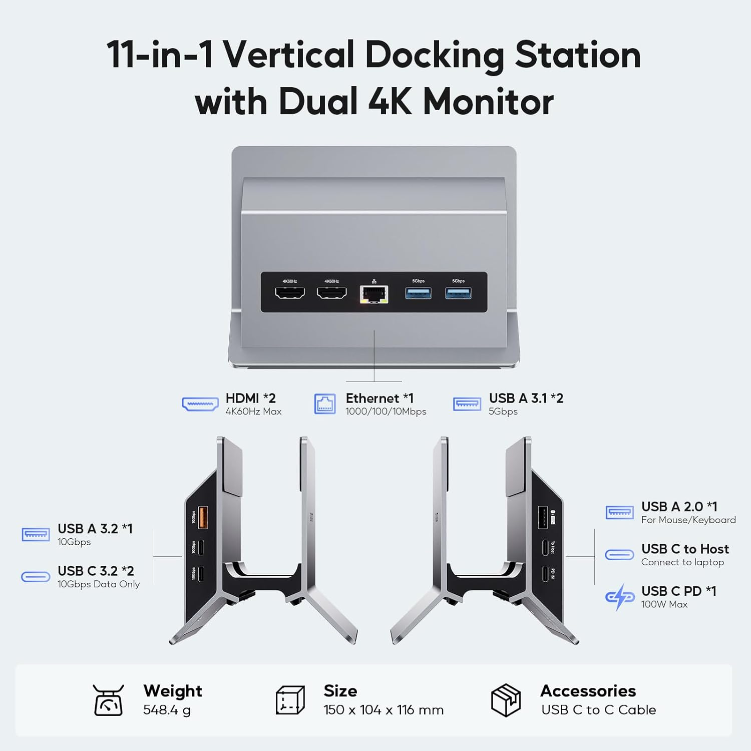PULWTOP Laptop Docking Station Dual Monitor, 11 in 1 Vertical USB C Dock Stand with 2 HDMI 4K 60Hz, 3 USB A/C 10Gbps, 2 USBA 5Gbps, USB-A 2.0, Ethernet, PD Docking Station for Type-C Laptops (Grey) - Black image number 2