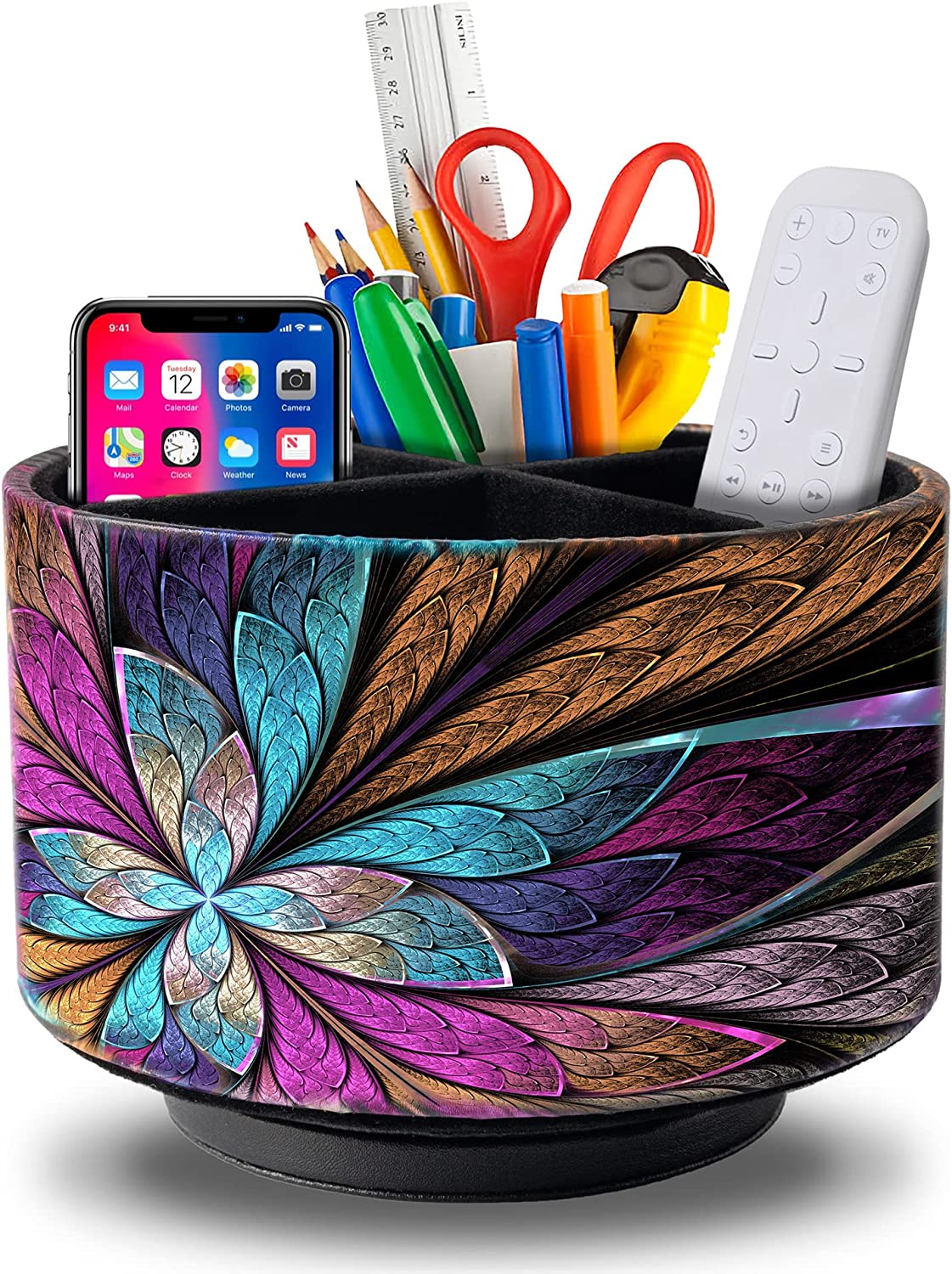 HOMIEST round Leather Art Supply Organizer,Remote Control Holder,360 Degree Spinning,Multi-Functional Pencil Holder,4 Compartments Desktop Stationary Organizer image number 3