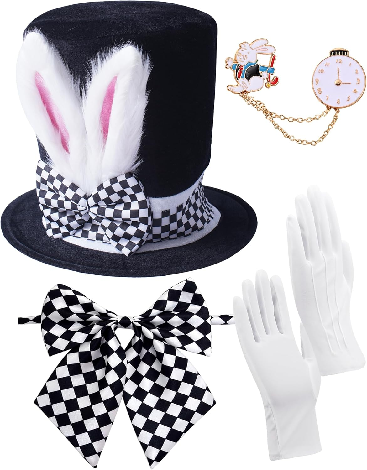 Easter White Rabbit Costume - Bunny Rabbits Dress up Costume Accessory-Include Rabbits Ears Hat Clock Brooch Bowtie image number 5
