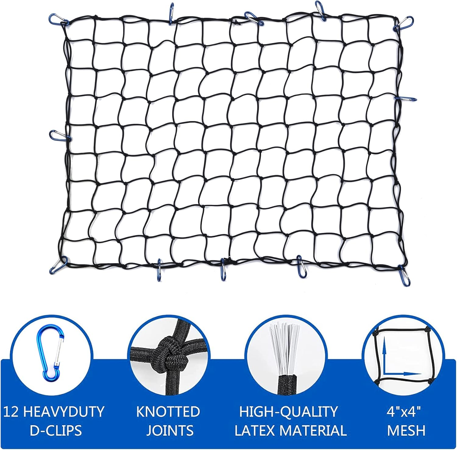 Amiss 3' X4' Stretches to 6' X 8' Truck Cargo Net, Roof Rack Cargo Net for Pickup Trucks SUV, Heavy Duty Truck Bed Cargo Bungee Net with 12 Blue Clips and Storage Bag， Car Exterior Accessories image number 4