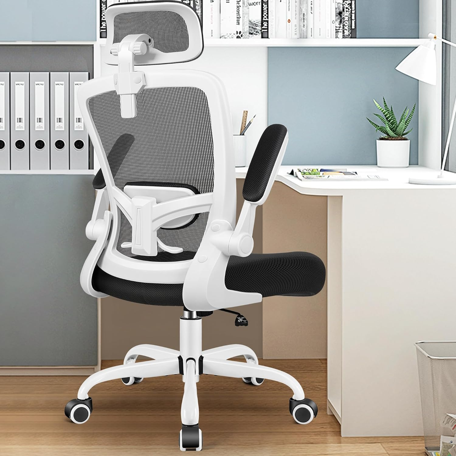 Felixking Ergonomic Office Chair, Headrest Desk Chair Office Chair with Adjustable Lumbar Support, Home Office Swivel Task Chair with High Back and Armrest (White) - Gray image number 4