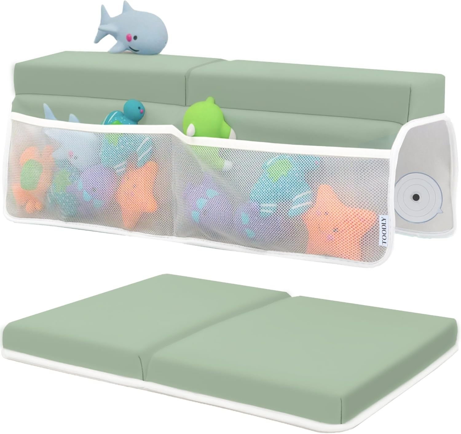 Comfortable Baby Bath Kneeler and Elbow Rest Pad Set &ndash; Thick Memory Foam Bath Kneeling Pad with Elbow Support &ndash; Baby Bathtub Cushion with Toy Organizer for Bathing Infant or Toddler - Green