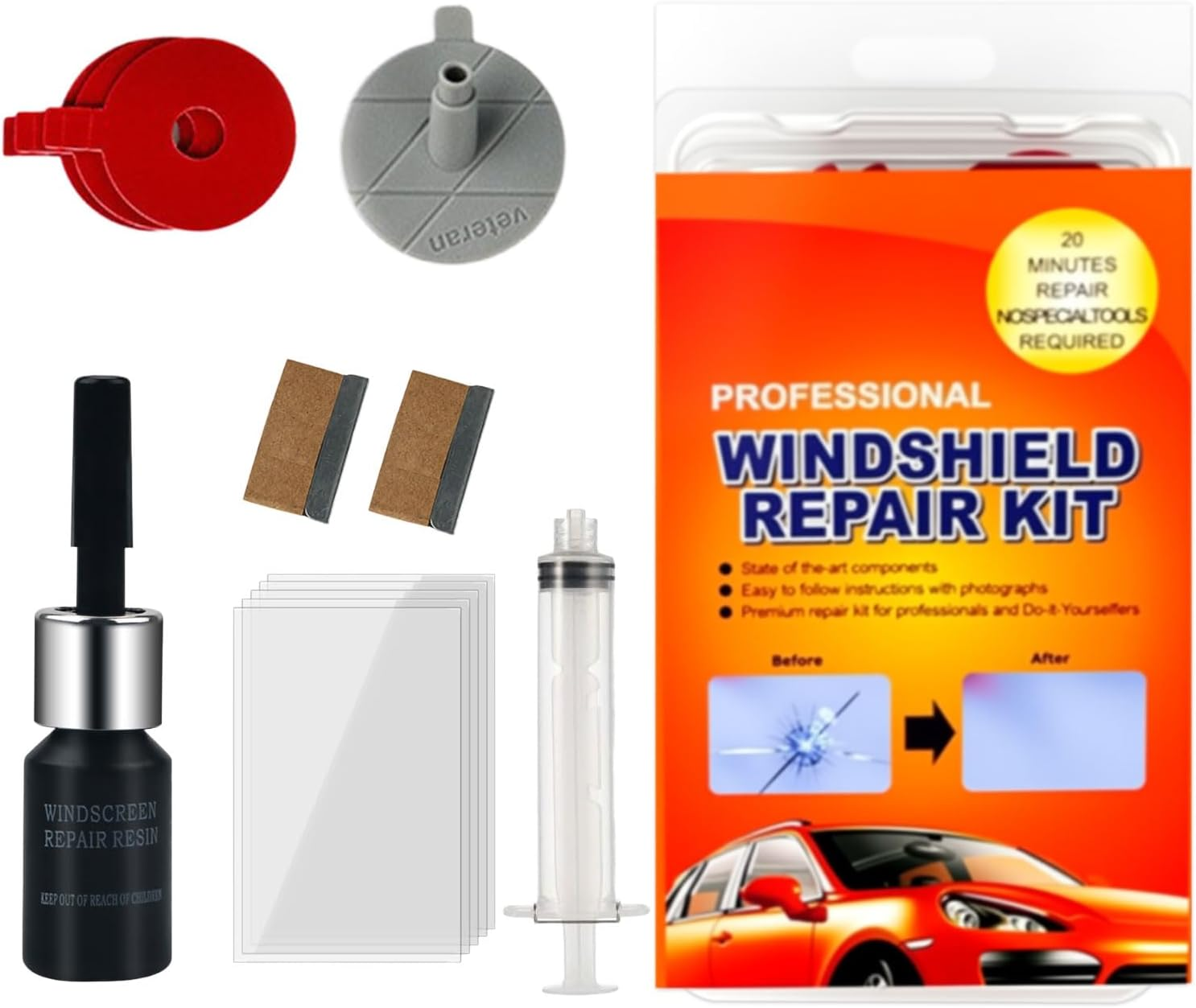 Windshield Repair Kit, Diy Glass Crack Repair Liquid, Scratch Repair Resin Kit, for Bullseye, Half-Moon, Spider Web, Star and Long Line Cracks - Containing Resin, Syringe, Curing Film image number 4