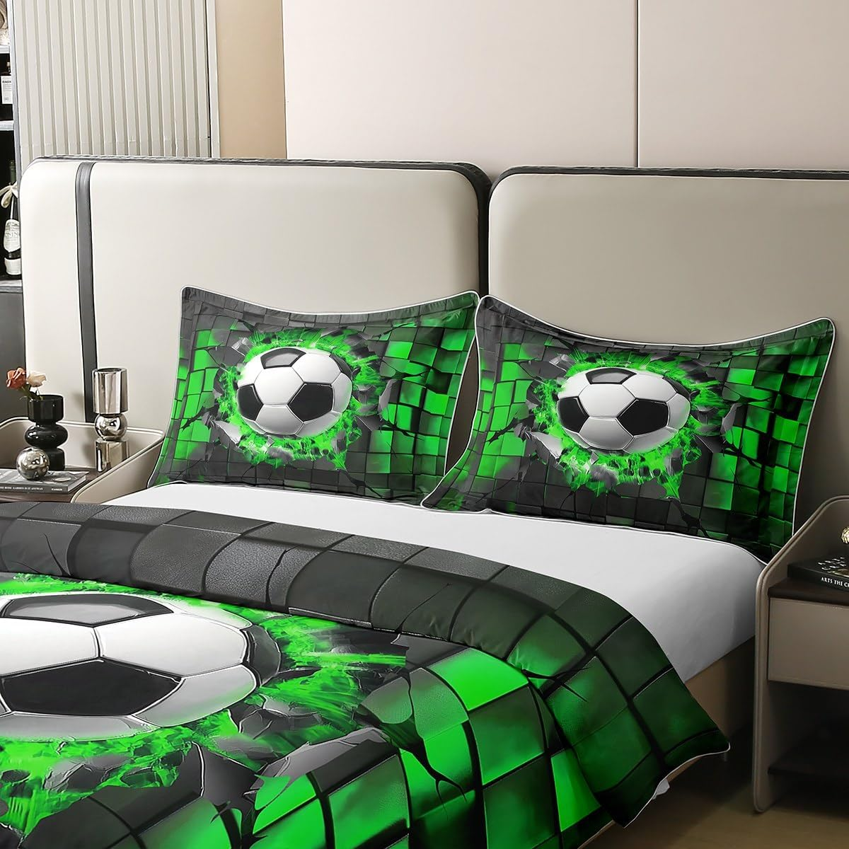 Football 100% Cotton Bed Linen, Football Lovers Sports Game Duvet Cover 135 X 200 Cm for Children Adults Green 3D Check Plaid Bedding Set, Neon Geometry Comforter Cover 1 Pillowcase Breathable image number 4