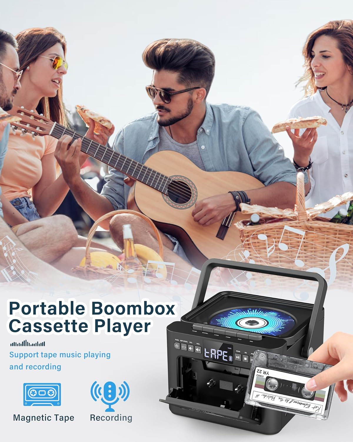 Boombox Cassette CD Player Bluetooth5.1 with 5000Mah Battery,5W Dual Stereo Speakers,Rechargeable CD Player with FM Radio,Remote Control,Tape Recording,3.5Mm Earphone Jack,Aux/Micro SD/USB for Home image number 5