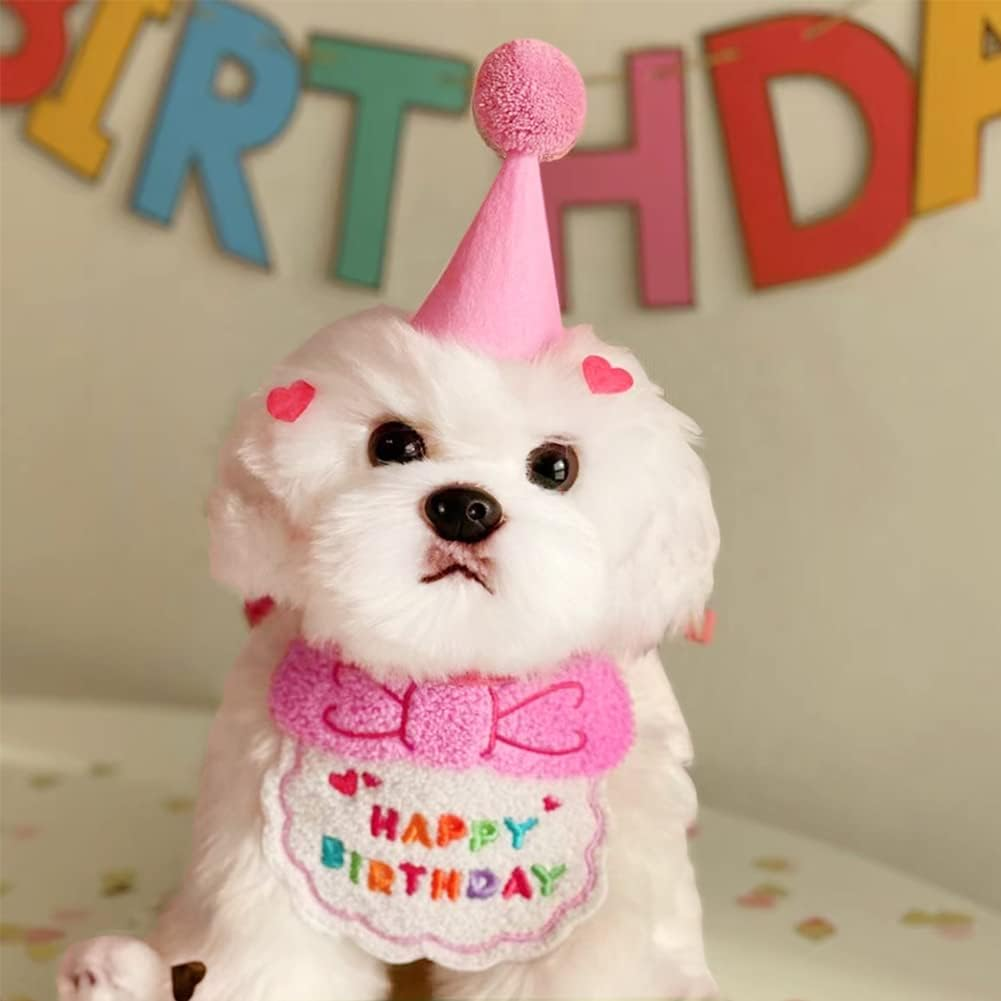Cat Birthday Bandana Set, Cute Dog Birthday Hat and Pink Cartoon Bib, Pets Birthday Party Supplies Birthday Outfit for Cat and Dog image number 6