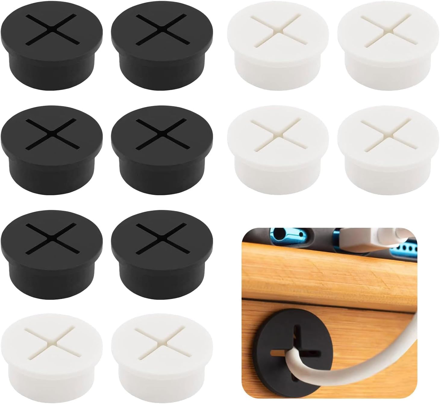 Zhooooonglf 12Pcs 1Inch/25Mm Cable Cord Grommet Rubber Desk Grommet, Cord Hole Cover Cable Pass through Grommet, Flexible Cable Management （White+Black image number 4