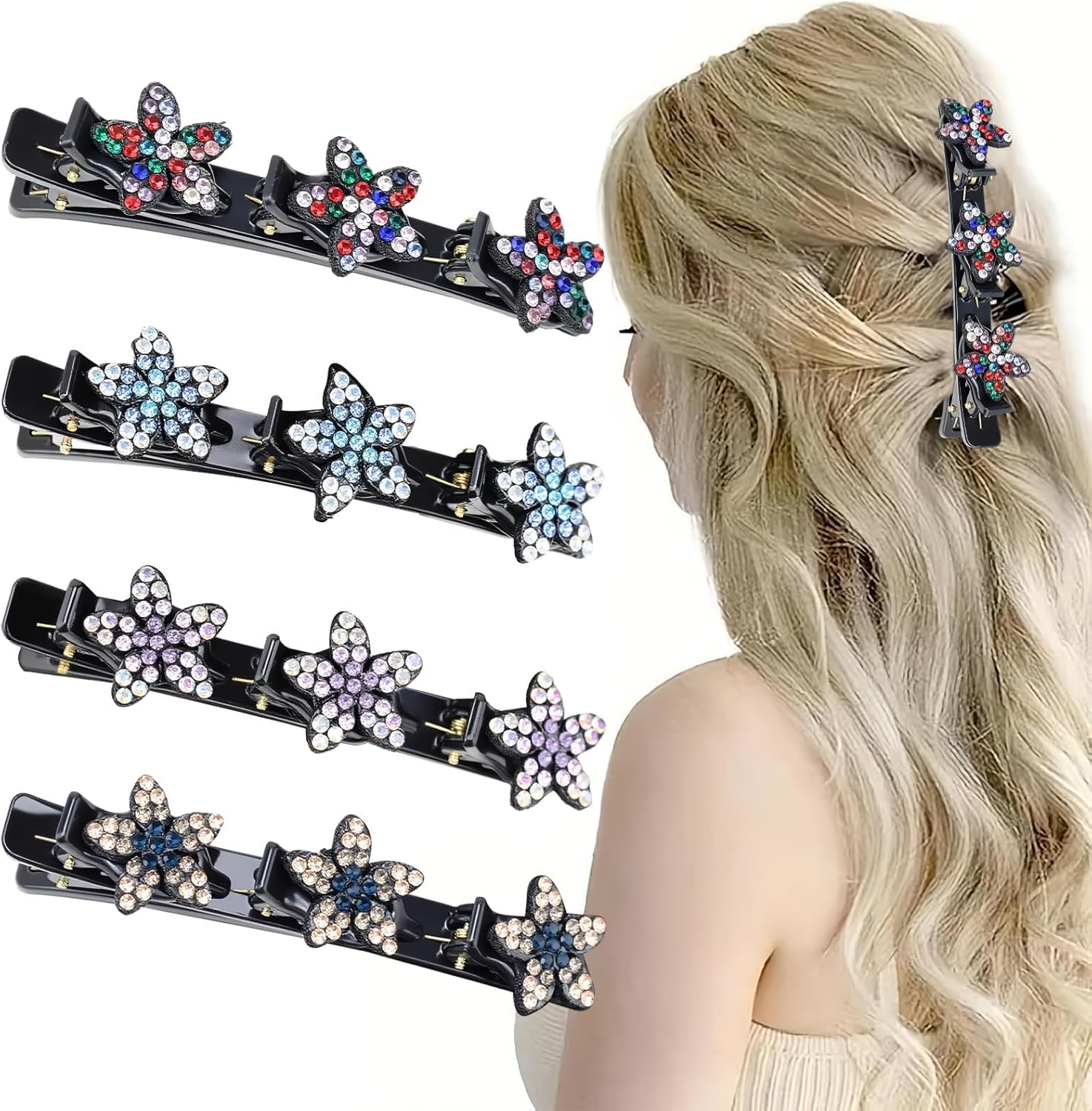 HSUYUN Pack of 4 Sparkling Double Layer Hair Clips, Women'S Stylish Hair Clips, Flower Hair Clips, Double Layer Structure Hair Clip, Suitable for Daily Classes, Work and Dance Performances