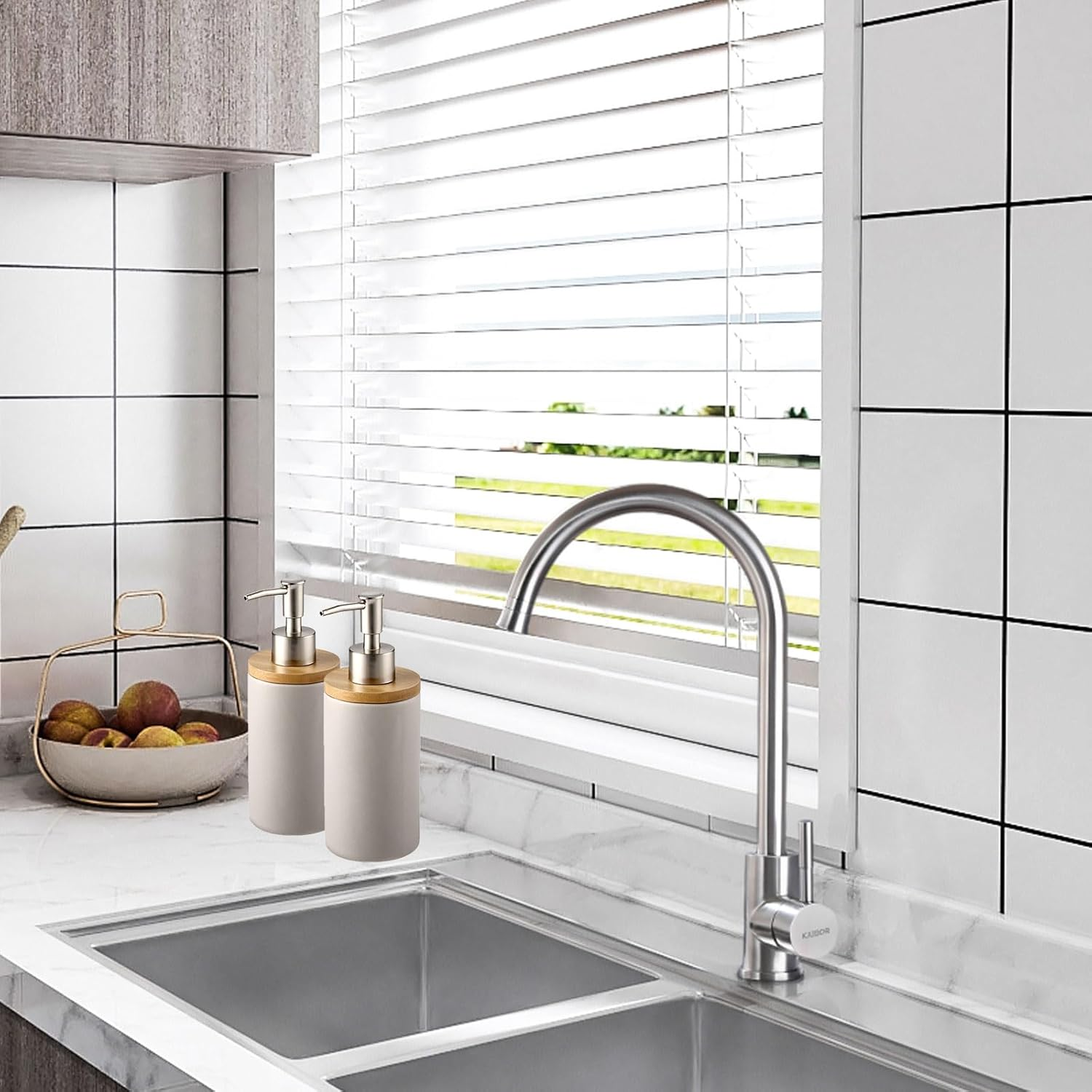 2Pcs Ceramic Dish Soap Hand Soap Dispenser, 400Ml Hand Soap Dispenser Set Kitchen Decorative Pump Jar Dispenser Refillable Liquid Wash Dispenser Bottle for Bathroom, Countertop, Kitchen (Grey)