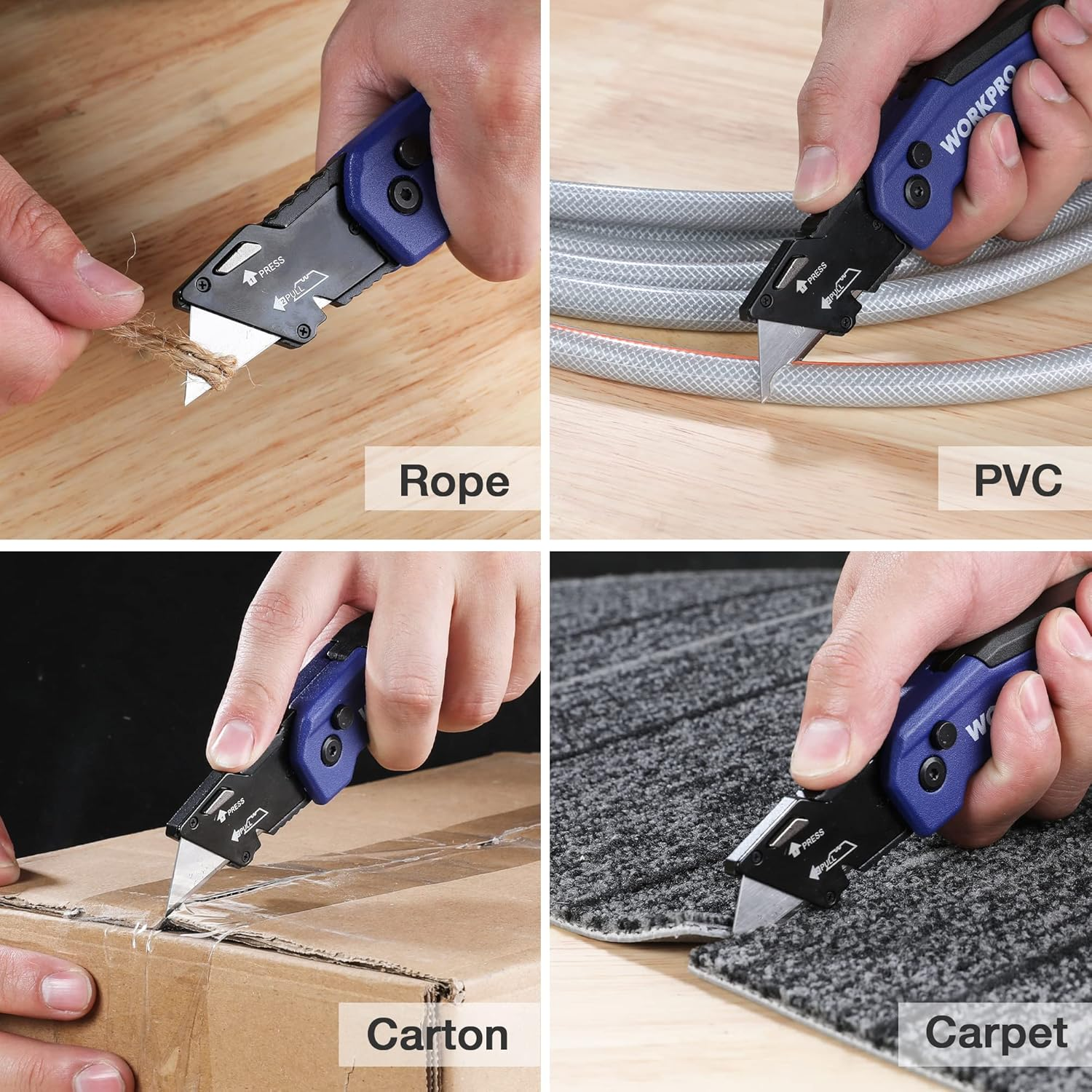 WORKPRO Folding Utility Knife, Quick Change Box Cutter, Razor Knife for Cartons, Cardboard, Boxes, Blade Storage in Aluminum Handle, 13 Extra Blades Included (Blue) - Red image number 6