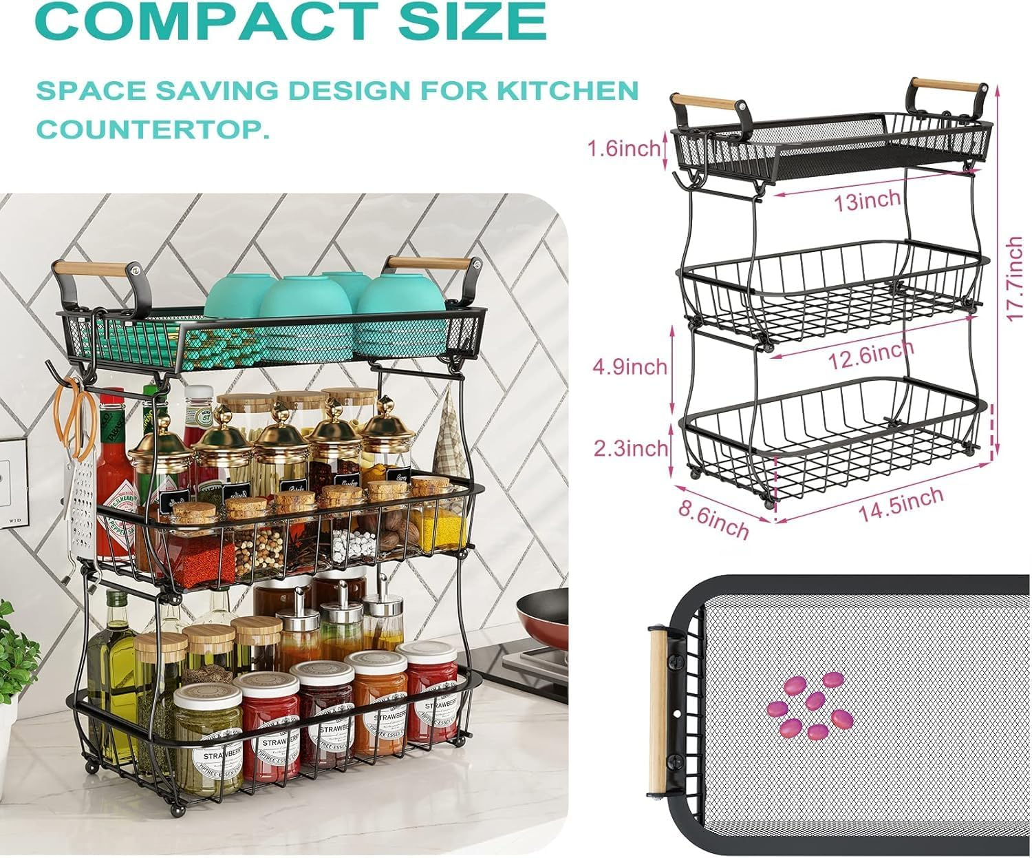 Fruit Basket, 3 Tier Fruit Bowl with 2 Banana Hanger, Kitchen Countertop Rack, Vegetable Counter Holder, Large Metal Bowls Perfect for Holding Fruits, Vegetables, Snacks, Cupcakes, Black