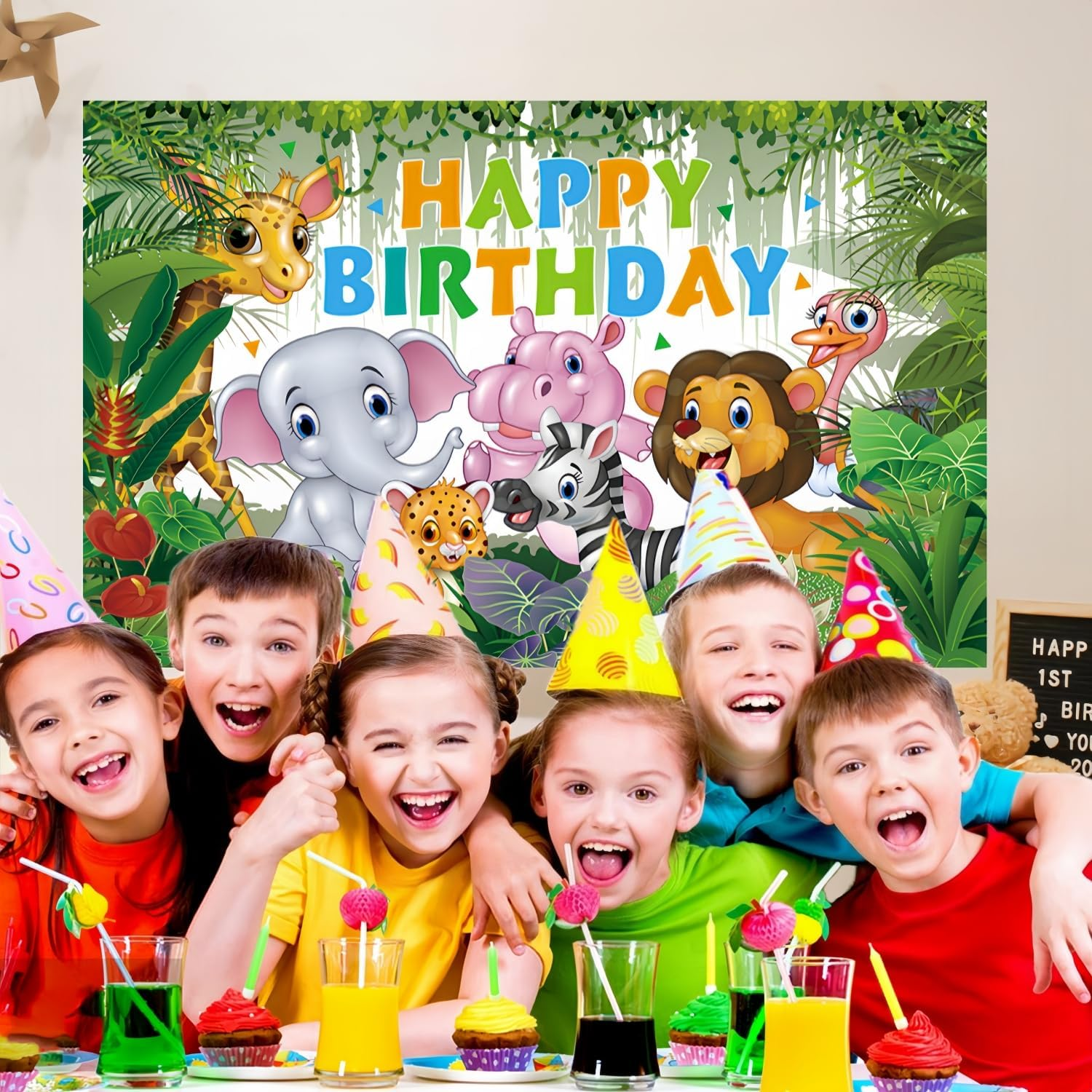 Yuanbigtai Jungle Animal Theme Background Birthday Party Decorations, Cute Wild Animal Elements,Happy Birthday Banner Forest Background Suitable for Birthday Party,Kids Birthday Decoration 6 X 3.6 Ft - Forest Animals image number 6