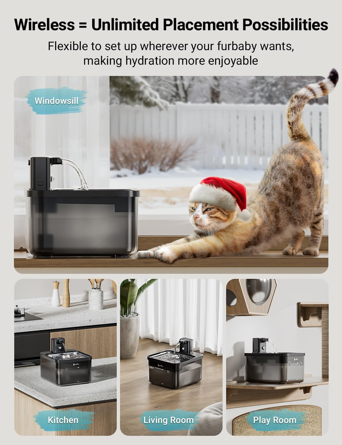 Downypaws Cordless Cat Water Fountain Battery Operated Rechargeable Wireless 4000 Mah Stainless Steel Motion Sensor Ultra Quite Pump 2.5L Indoor, Black image number 6