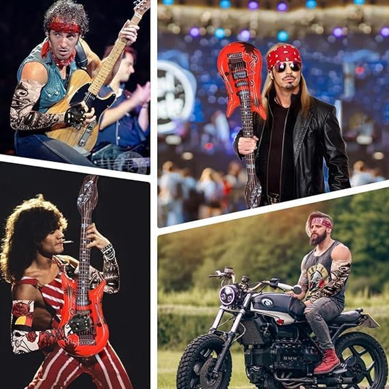 1980S Rockstar Hippie Costume Accessories - 60S 70S 80S Metal Rock Band Punk Costume Set with Wig, Bandana, Sunglasses,Tattoo Sleeves, Gloves, Wrist Chains, Guitar, Men Women Woodstock Outfits image number 5