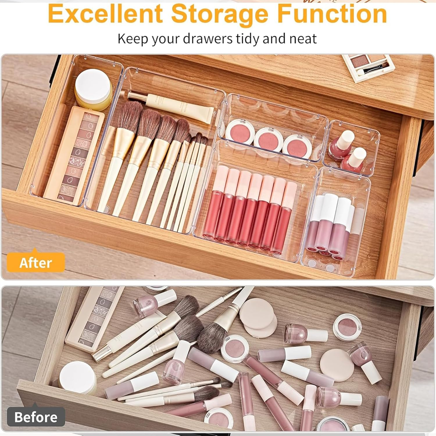 Clear Plastic Drawer Organizers Set Bathroom and Vanity Drawer Organizer Trays Storage Bins Containers for Makeup Bedroom Office (44PCS) image number 1