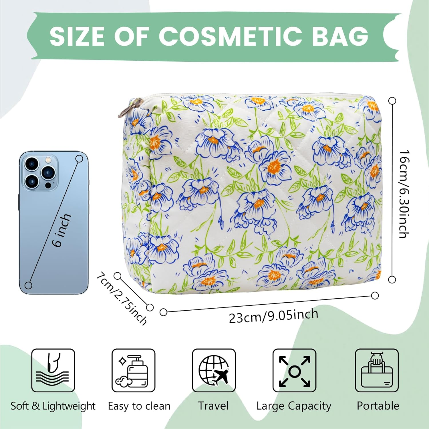 Long Keeper Large Makeup Bag Floral Aesthetic Cosmetic Bag Women Cotton Travel Make up Bag Cute Flower Toiletry Organizer Bag, Blue Green Flower, Trendy