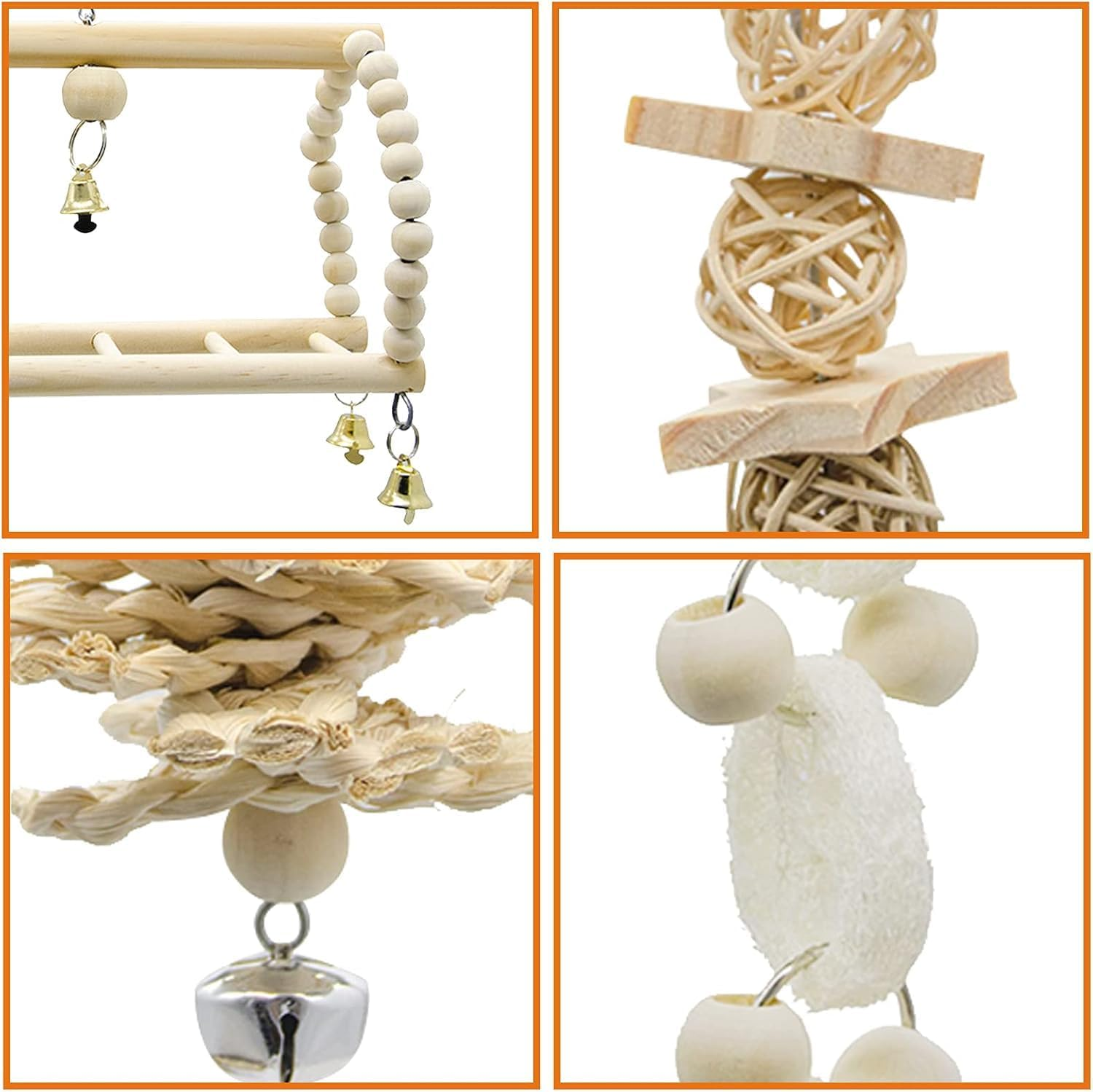 Parakeet Bird Cockatiel Toys, Pet Bird Cage Swing Hammock Chewing Toy Hanging Bell Wooden Perch for Conures, Love Birds, Finches, Budgie (Colourful-8) image number 4