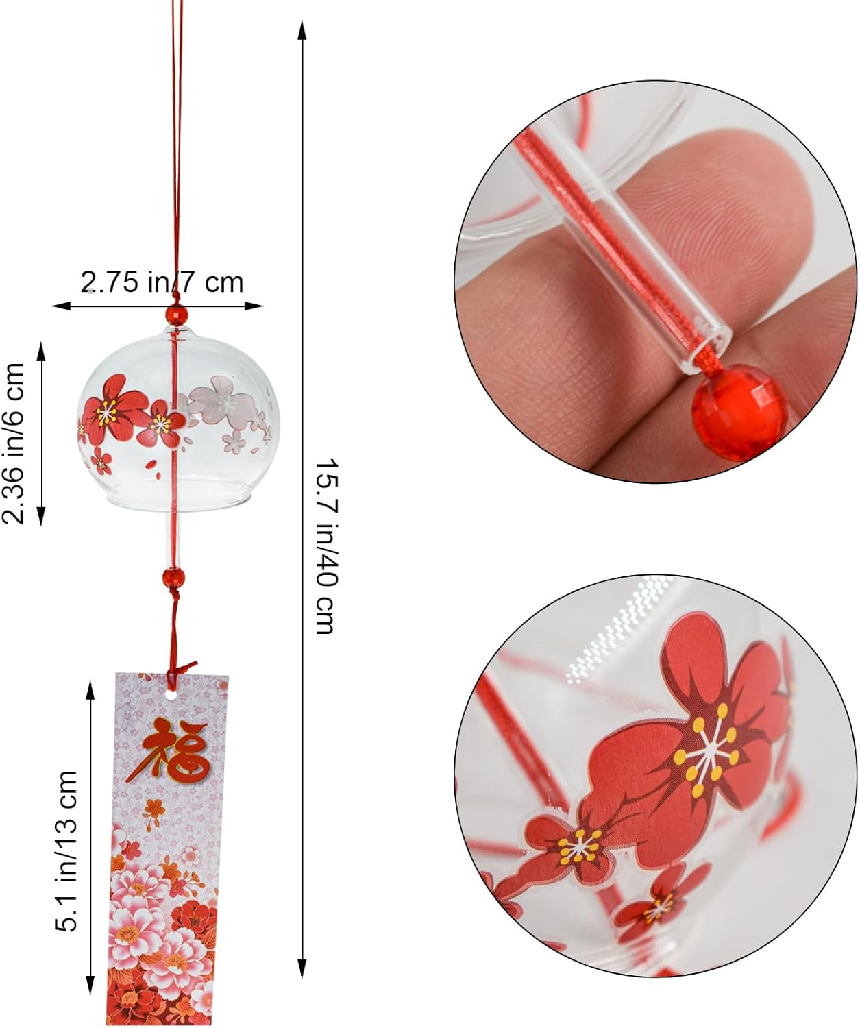 Mrmrkura 4 Pcs Japanese Wind Chimes, Glass Goldfish Wind Chimes with Label for outside Decorative Wind Bells Pendants for Indoor Garden Backyard Home Decor (Sakura) - Sakura image number 4