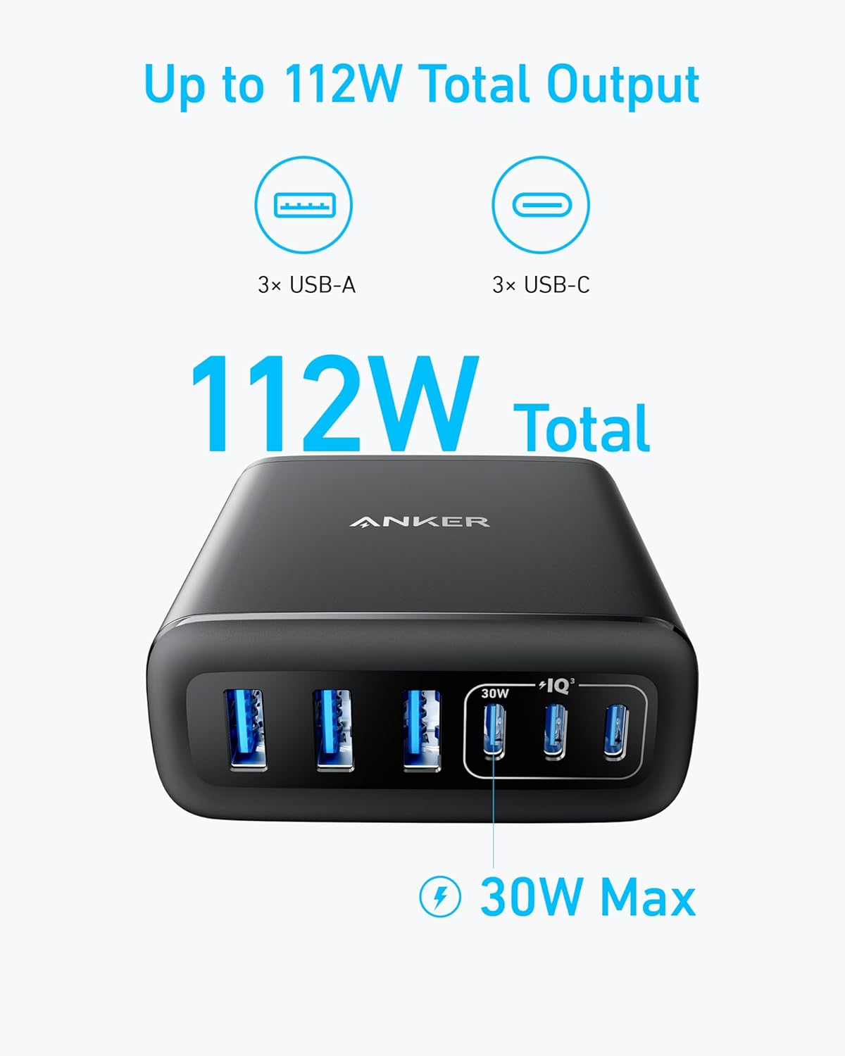 Anker Desktop Charger, Fast Charging USB C Charger, 112W Max 6-Port Charging Station, for Iphone, Ipad, Macbook, Samsung and More (Cable Not Included) image number 5