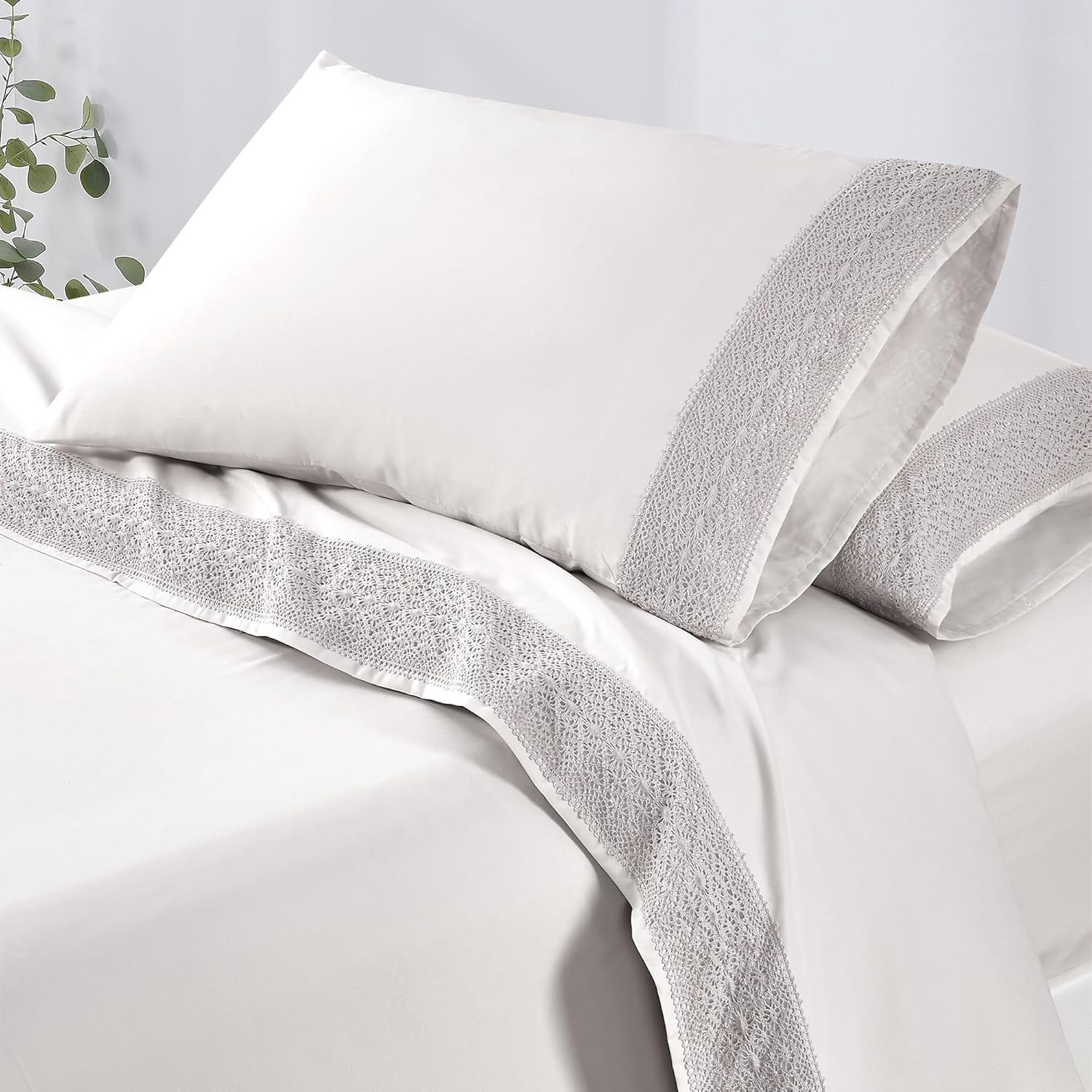Modern Threads Soft Microfiber Crochet Lace Sheets - Luxurious Microfiber Bed Sheets - Includes Flat Sheet, Fitted Sheet with Deep Pockets, & Pillowcases White Queen image number 4