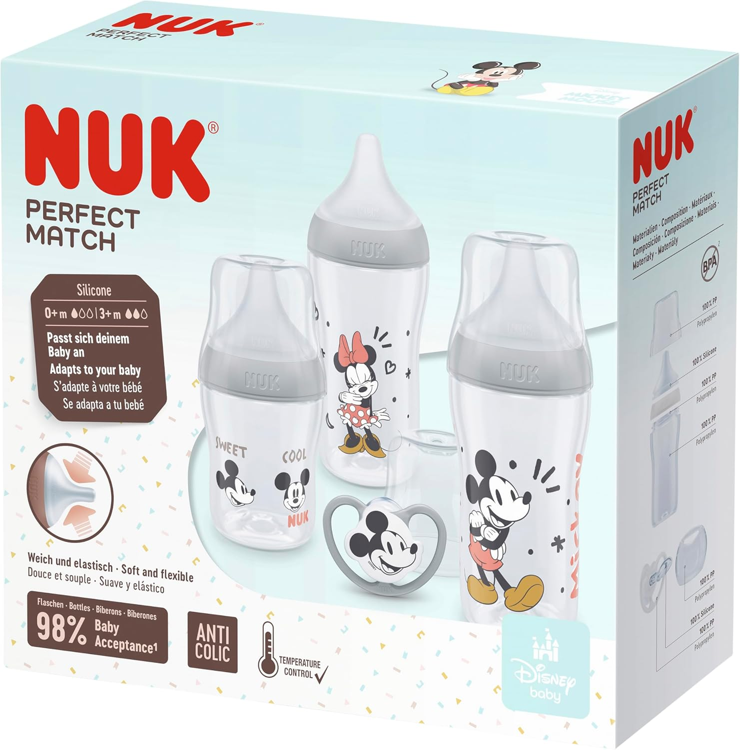 NUK Perfect Match Baby Bottles Set | 0-6+ Months | Adapts to Baby'S Palate | 3 X anti Colic Baby Bottles & Space Soother | Bpa-Free | Disney Mickey Mouse | 4 Count image number 6