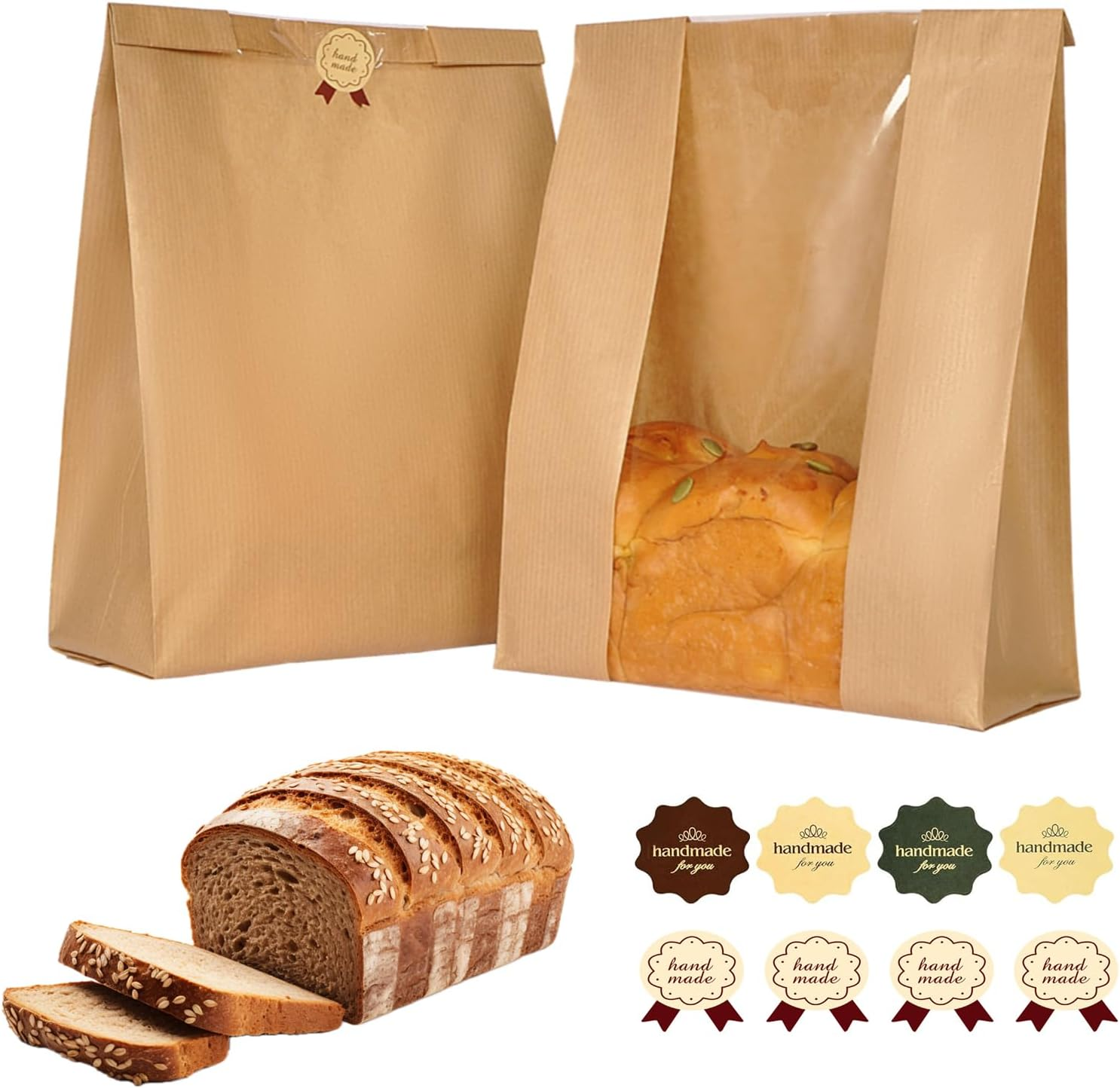 60 Pcs Paper Bread Loaf Bag Kraft Food Packaging Storage Bakery Toast Bag with Front Window, Label Seal Sticker Included (Style-1) image number 5