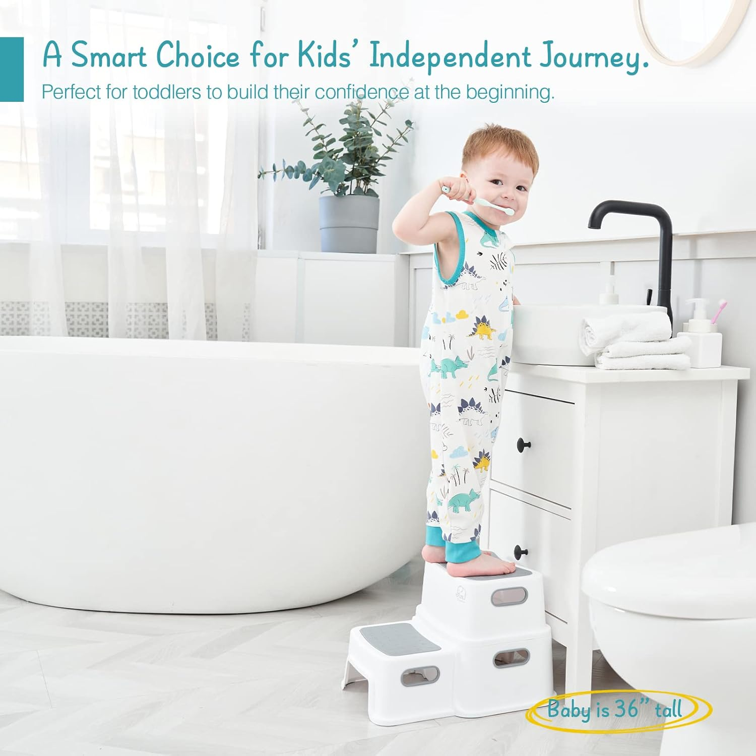 Forbena Toddler Step Stool for Bathroom Sink, 2 Step Stool for Kids Toilet Potty Training, Non-Slip Toddlers Baby Child Kid Plastic Poop Stools with Handle for Kitchen Counter Bed (White-Grey) image number 5