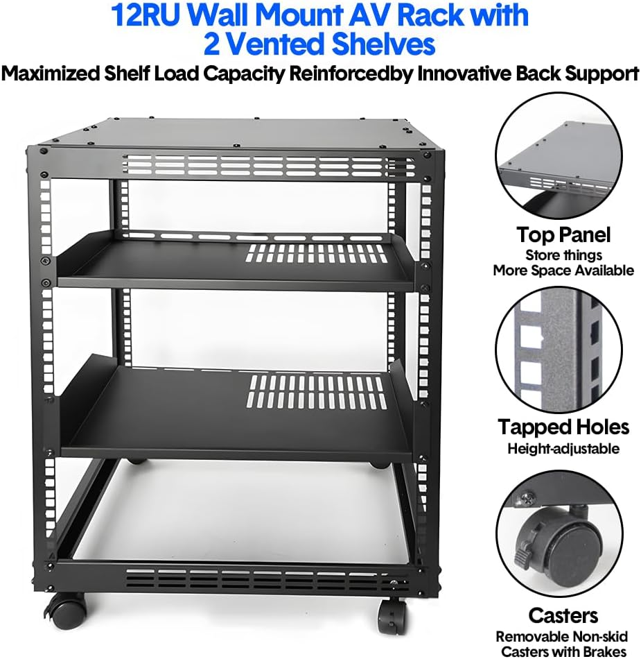 ALSTON 12U Open Frame Server Rack Free Standing or Wall Mountable 4-Post AV Rack Strong Loading Capacity with Lockable Anti-Skip Casters for IT Network AV Gear image number 4