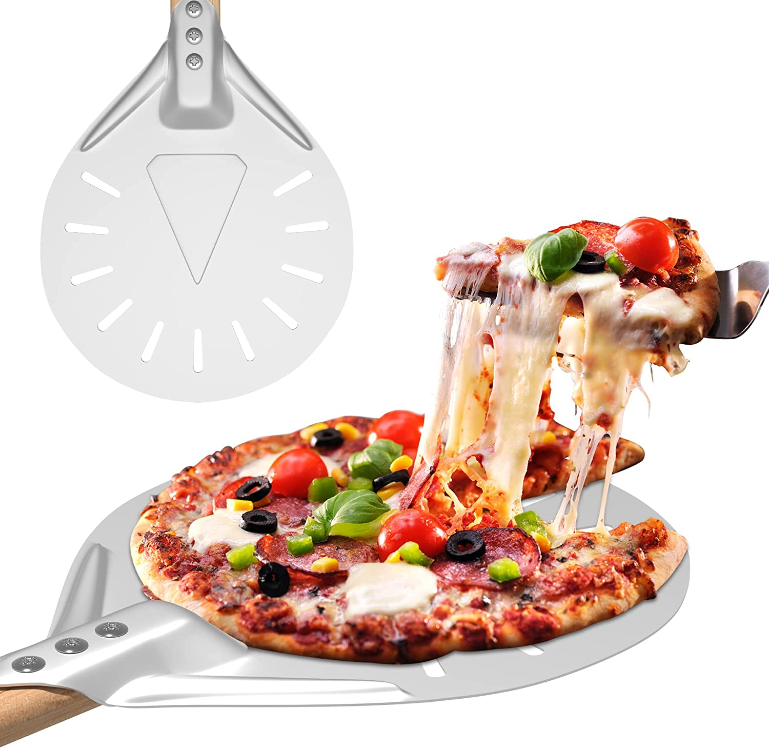 7 Inch Pizza Turning Peel,Professional Durable Pizza Peel Turner Non-Slip Aluminum Turning Paddle with 16 Inch Long Handle for Baking Homemade Pizza Bread (7 Inch, 40Cm Handle)