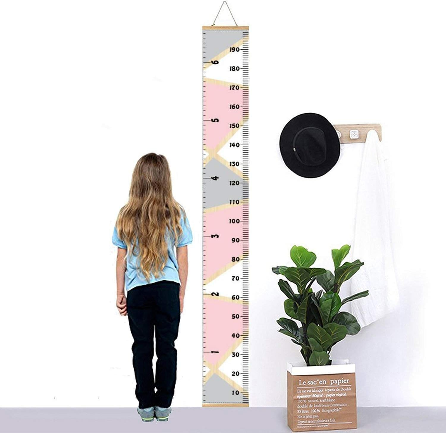 Minomia Kids Growth Chart, Wood Frame Fabric Canvas Height Measurement Ruler from Baby to Adult for Child'S Room Decoration 7.9 X 79In (7.9 X 79In, Pink & Grey) image number 1
