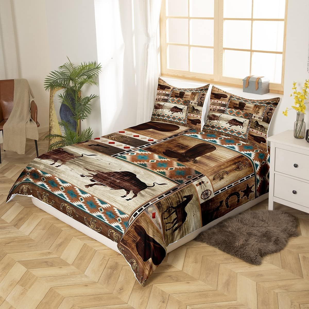 Western Cowboy Bed Linen Sets Bull Horse 155 X 220 Cm Duvet Cover for Boys Men Boho Aztec Comforter Cover Rustic Farmhouse Horseshoe Bed Set 1 Pillowcase Retro Brown Southwestern Room Decor image number 5