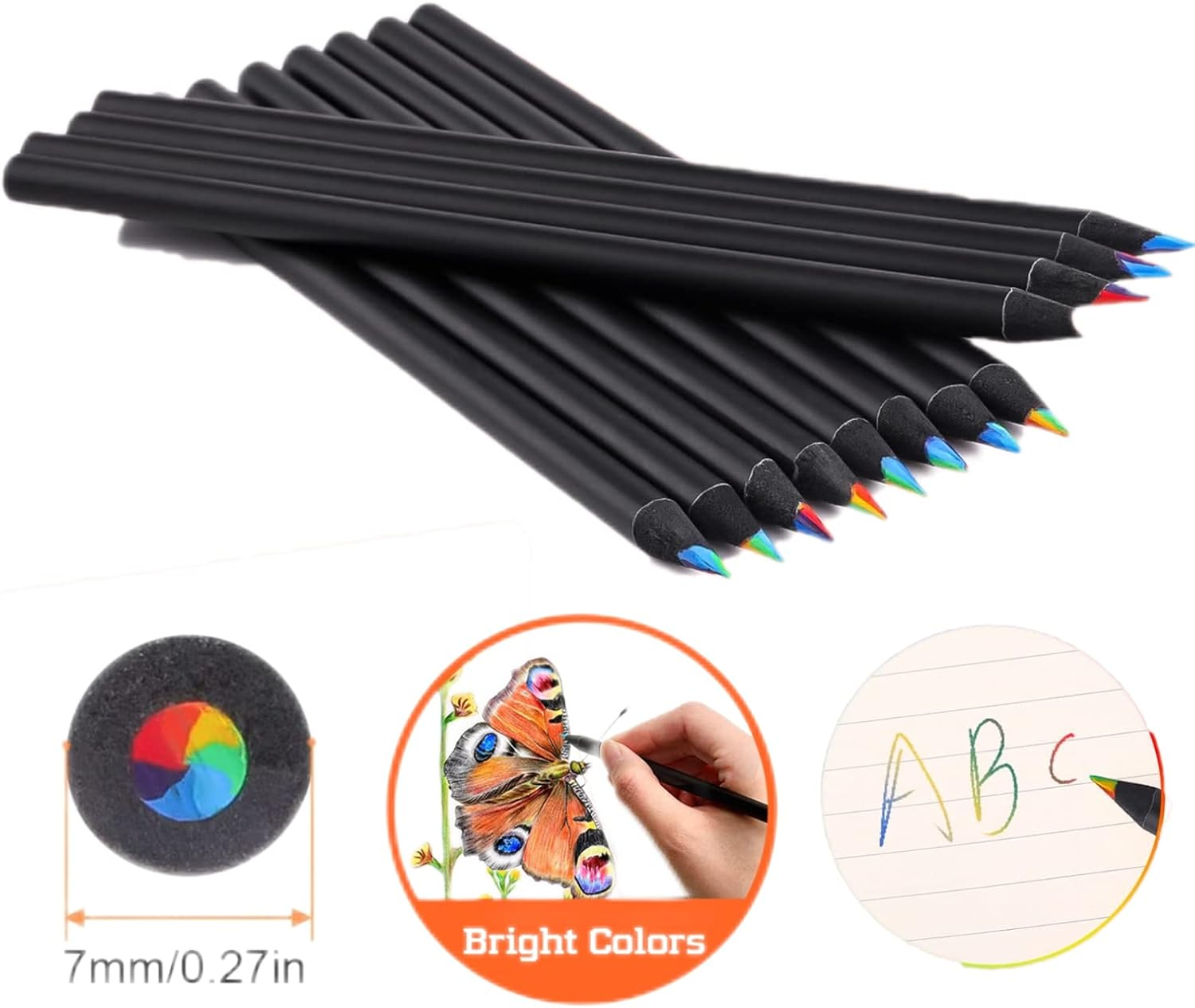12 Pcs Rainbow Pencils, Multicolored Pencil,7 Color in 1 Black Wooden Drawing Pencil image number 5